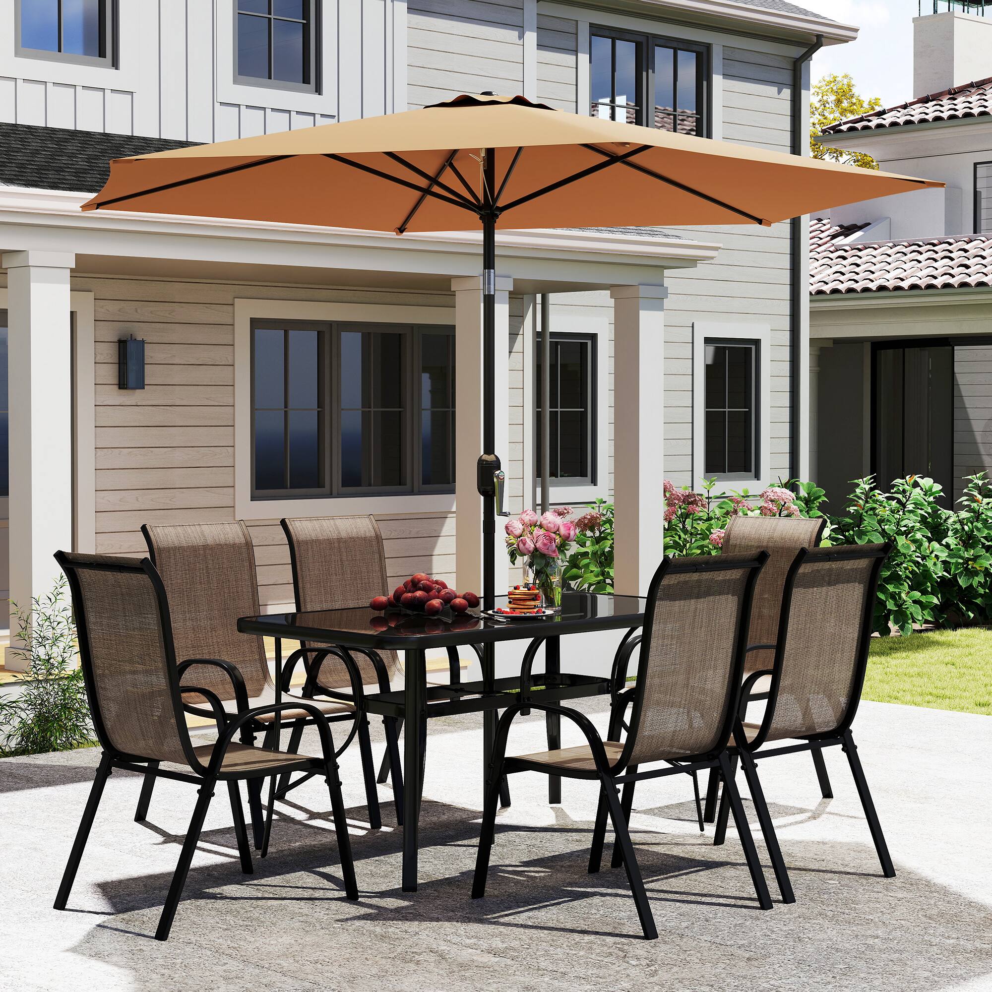 Alt View 7. Outsunny - Pieces Patio Furniture Set with 9Ft Patio Umbrella, Outdoor Dining Table and Chairs - Brown.