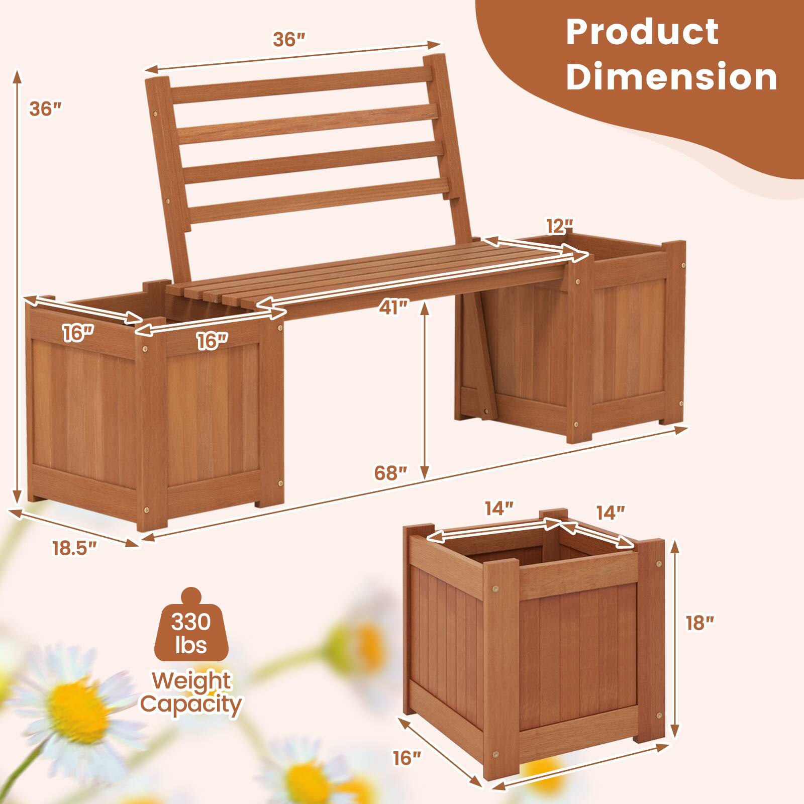 Product Dimension

- 36" (Height)
- 36" (Width)
- 41" (Depth)
- 12" (Depth of Seat)
- 16" (Width of Seat)
- 16" (Width of Backrest)
- 68" (Overall Length)
- 18.5" (Height of Legs)
- 14" (Width of Bottom Shelf)
- 14" (Depth of Bottom Shelf)
- 18" (Height of Bottom Shelf)
- 16" (Depth of Bottom Shelf)

Weight Capacity: 330 lbs