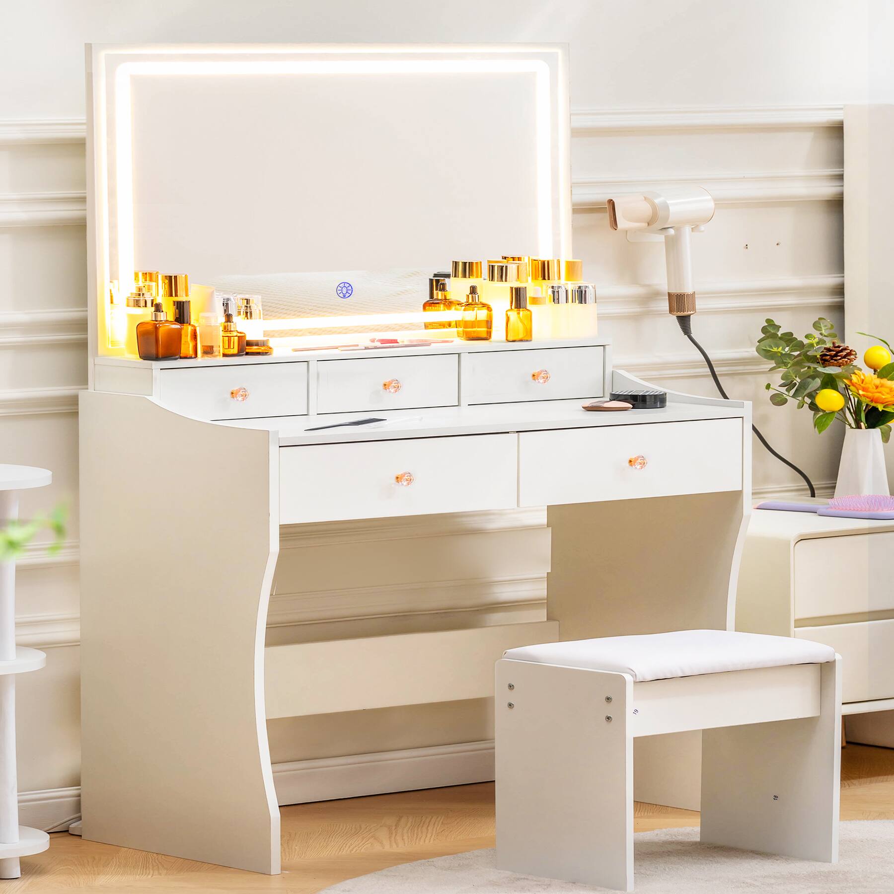 CloudRest Pro - Makeup Vanity Desk with 5 Drawers and Charging Station Vanity Table and Chair LED Mirror Stepless Dimmable - White