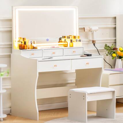 Front. CloudRest Pro - Makeup Vanity Desk with 5 Drawers and Charging Station Vanity Table and Chair LED Mirror Stepless Dimmable,White - White.