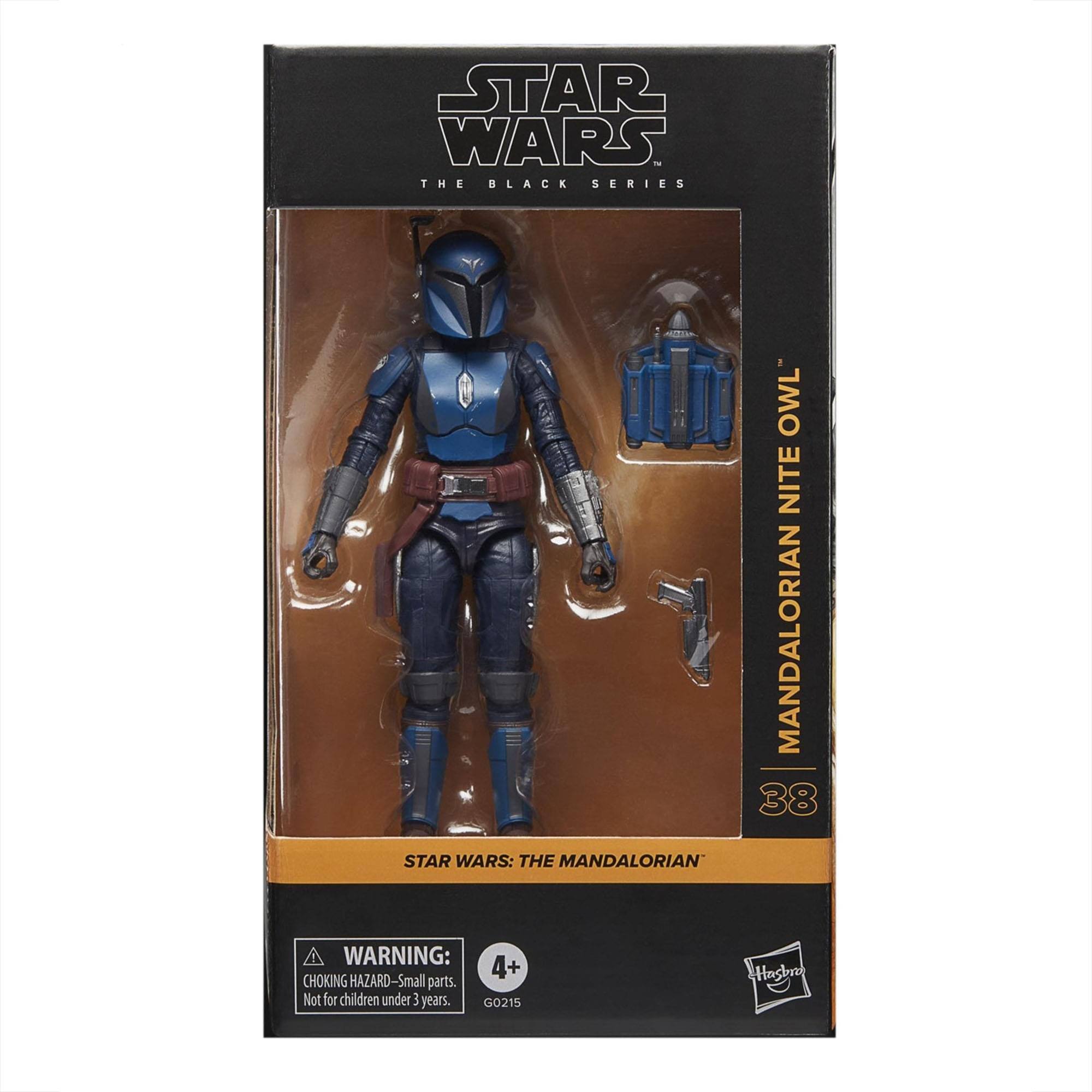 STAR WARS - THE BLACK SERIES  
MANDALORIAN NITE OWL  
38  
STAR WARS: THE MANDALORIAN  

WARNING: 4+ CHOKING HAZARD - Small parts. Not for children under 3 years.  
GO215  

Hasbro