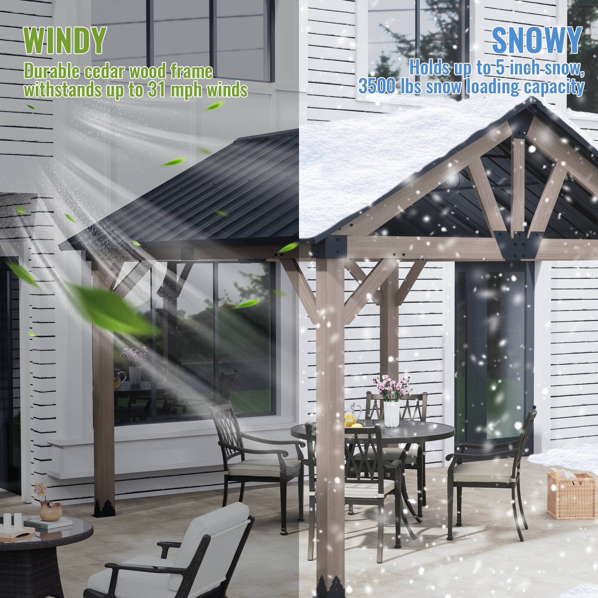 **WINDY**  
Durable cedar wood frame withstands up to 31 mph winds

**SNOWY**  
Holds up to 5-inch snow, 3500 lbs snow loading capacity