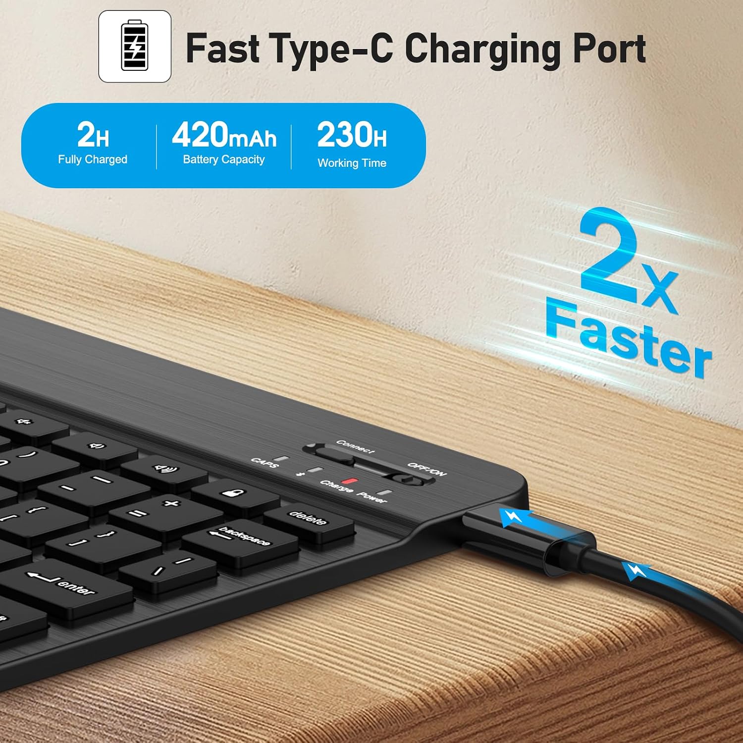 L7  
Fast Type-C Charging Port  
2H Fully Charged  
420mAh Battery Capacity  
230H Working Time  
2x Faster  
CAPS OFF/ON  
Charge Power
