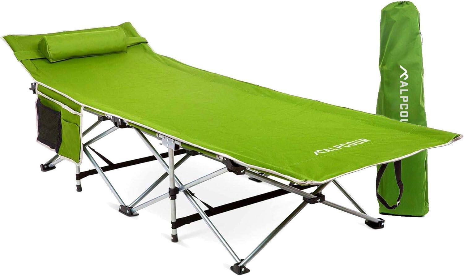 Alpcour - Folding Camping Cot - Compact Single Person Bed with Pillow for Indoor & Outdoor Use - Army Green