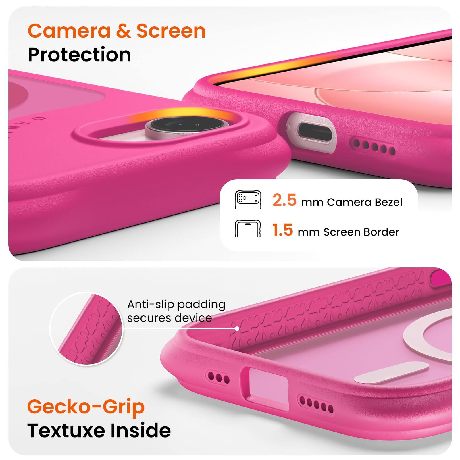 Camera & Screen Protection  
2.5 mm Camera Bezel  
1.5 mm Screen Border  
Anti-slip padding secures device  
Gecko-Grip Textuxe Inside