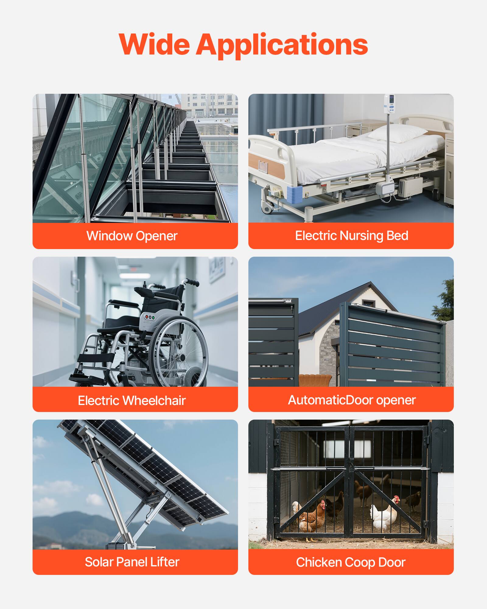 Wide Applications

- Window Opener
- Electric Nursing Bed
- Electric Wheelchair
- Automatic Door Opener
- Solar Panel Lifter
- Chicken Coop Door