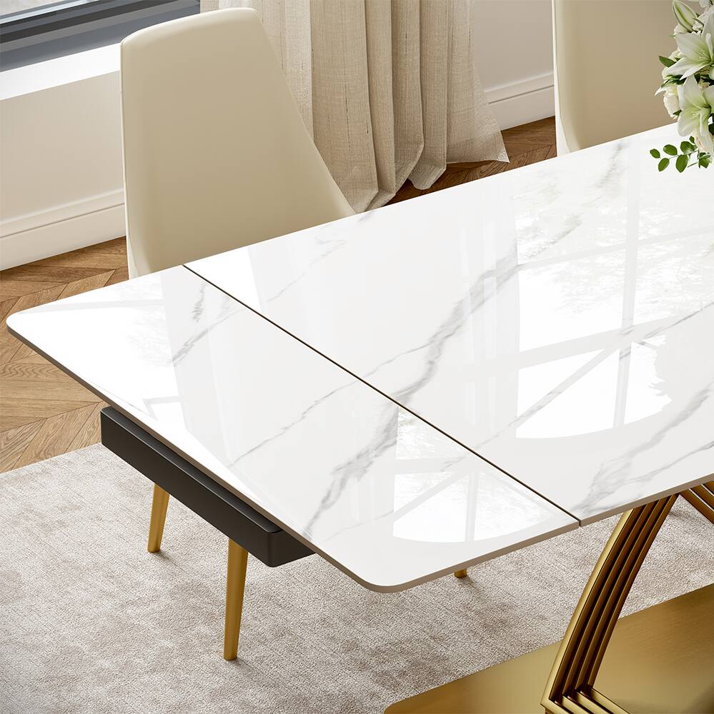 Alt View 5. POVISON - 55"-79" Modern Luxury Extendable Dining Table for 4-6, White Glossy Sintered Stone Top with Titanium Gold X-Base - White.