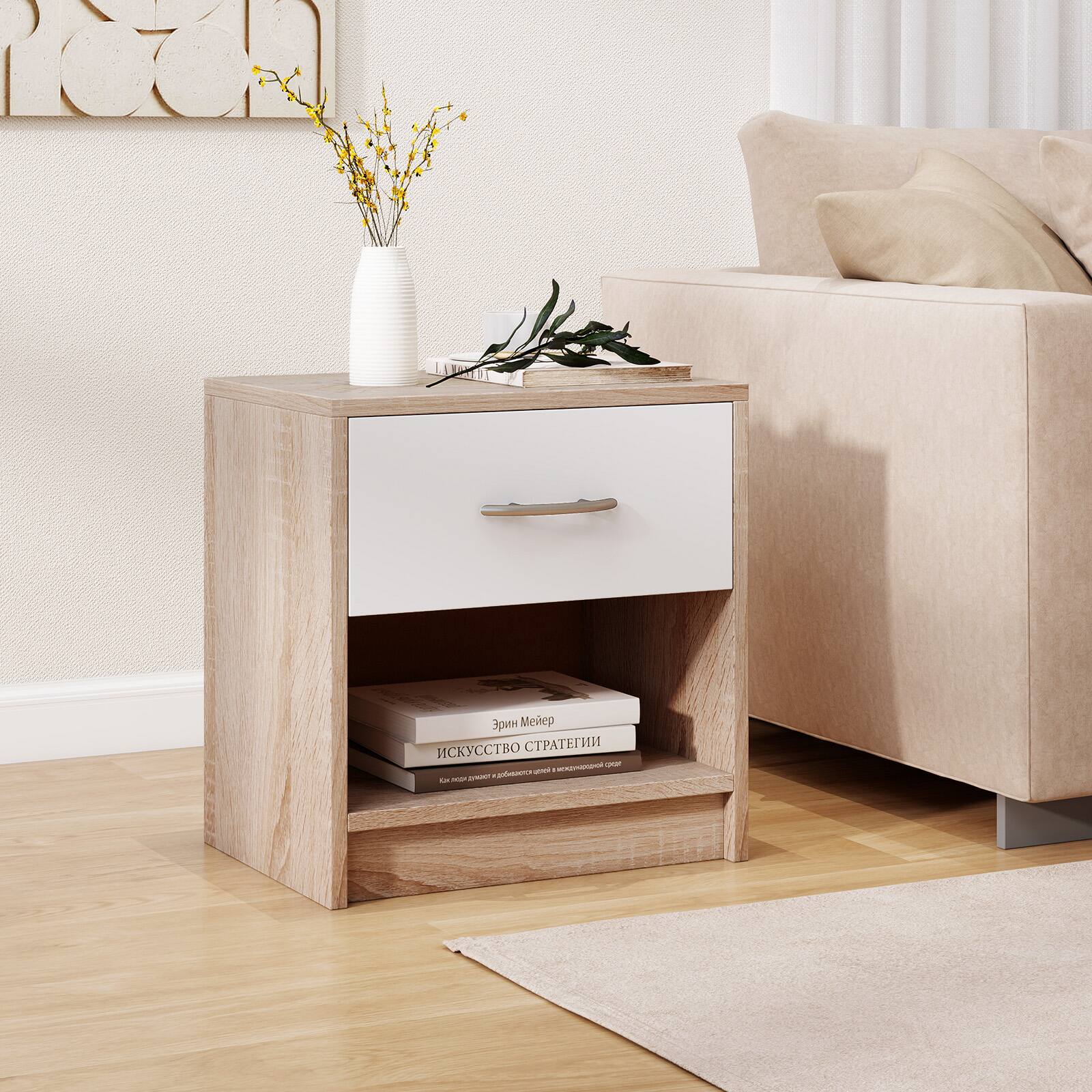 Alt View 4. Gymax - Gymax 2 PCS Nightstand w/ Drawer Side Table w/ Slide-out Drawer Open Storage Shelf Natural & White - Natural, White.