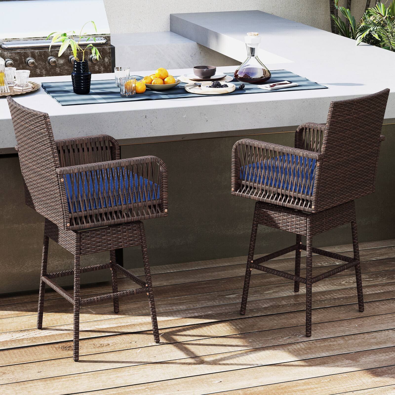 Alt View 3. Costway - Costway 1 PCS 29" Patio 360° Swivel Bar Stool with Cross-Woven Armrests Footrest & Seat Cushion - Navy.