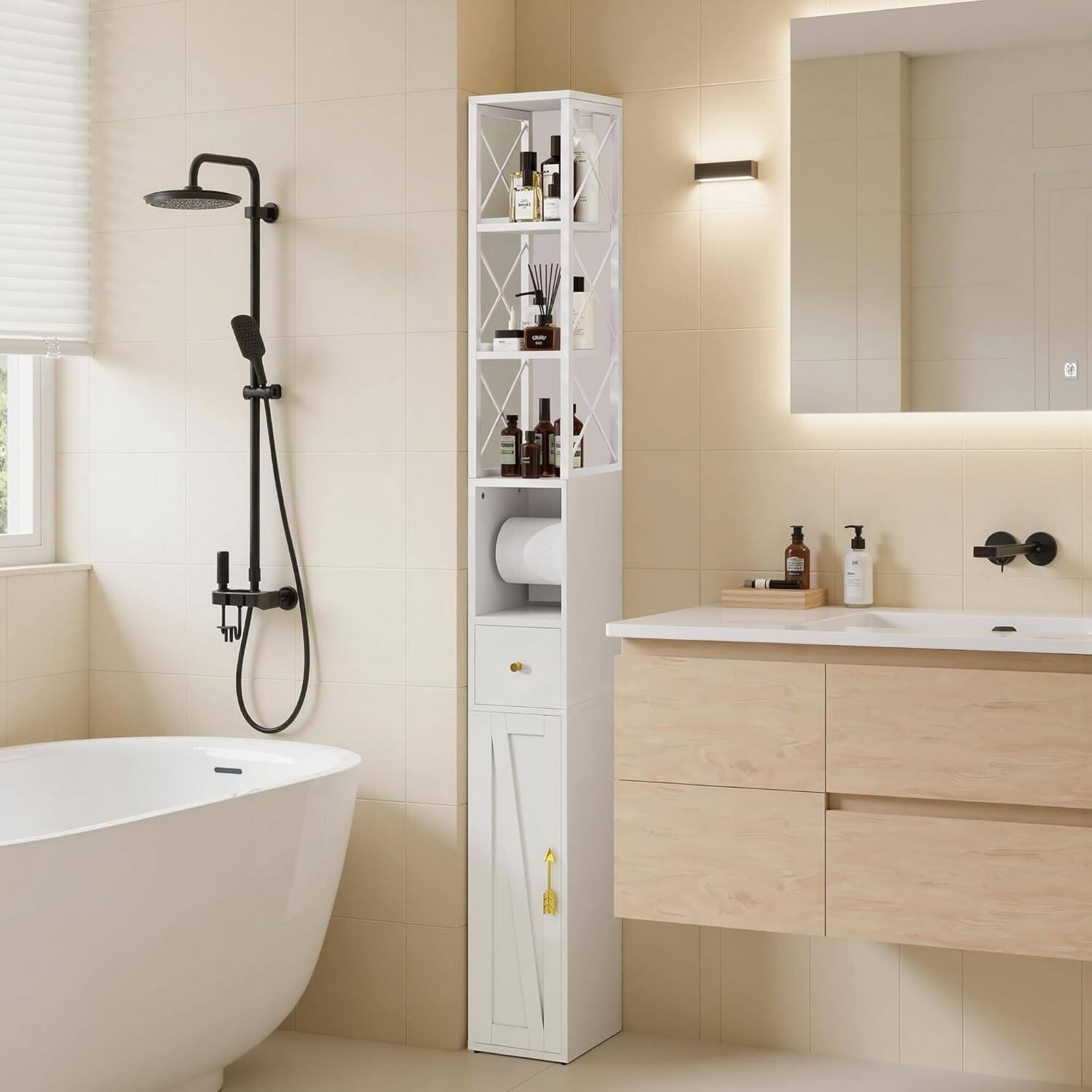 Alt View 1. Vecelo - Bathroom Storage Cabinet with Toilet Paper Holder, Slim Waterproof Floor Cabinet with Magnetic Doors - Modern White.