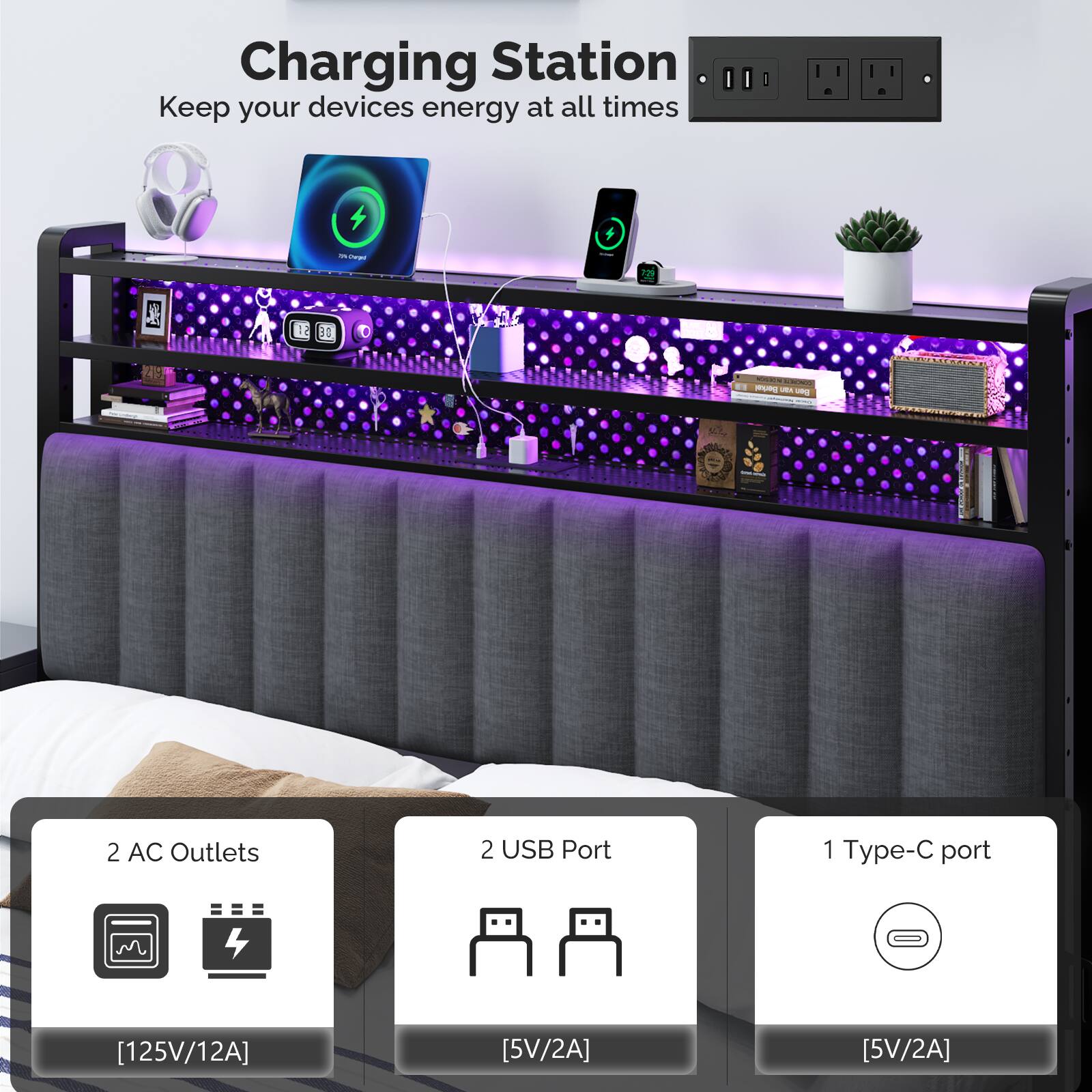 Charging Station  
Keep your devices energy at all times  

2 AC Outlets  
[125V/12A]  

2 USB Port  
[5V/2A]  

1 Type-C port  
[5V/2A]