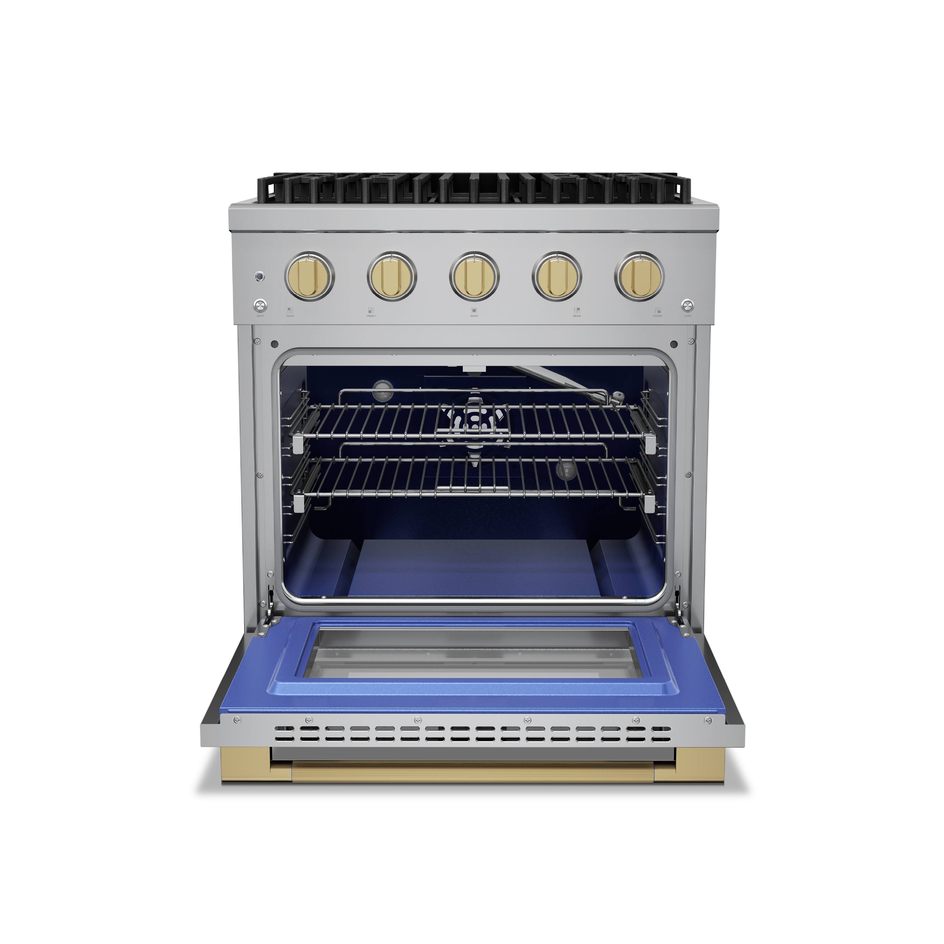 Angle. Hauslane - HausPro 30 in. 4 Burners Gas Range in Satin Brass with 20,000 BTU and Convection Oven with 5 Rack Positions - Satin Brass.