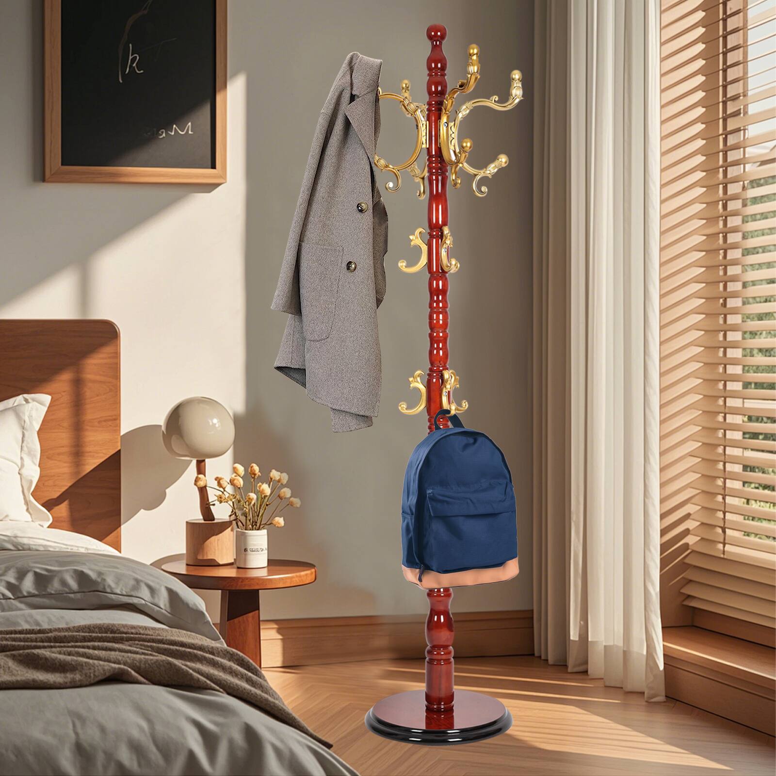 Alt View 7. Chateau Abodes - Solid Wood Coat Rack, Free Standing Hall Coat Tree with 14Hooks, 3 Height Options, 300lbs Load, Stury Base - Begonia.