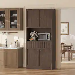 Qeetex - 70" Fluted Kitchen Pantry Cabinet with Countertop, Doors & Drawer, Freestanding Tall Storage Cupboard - Brown
