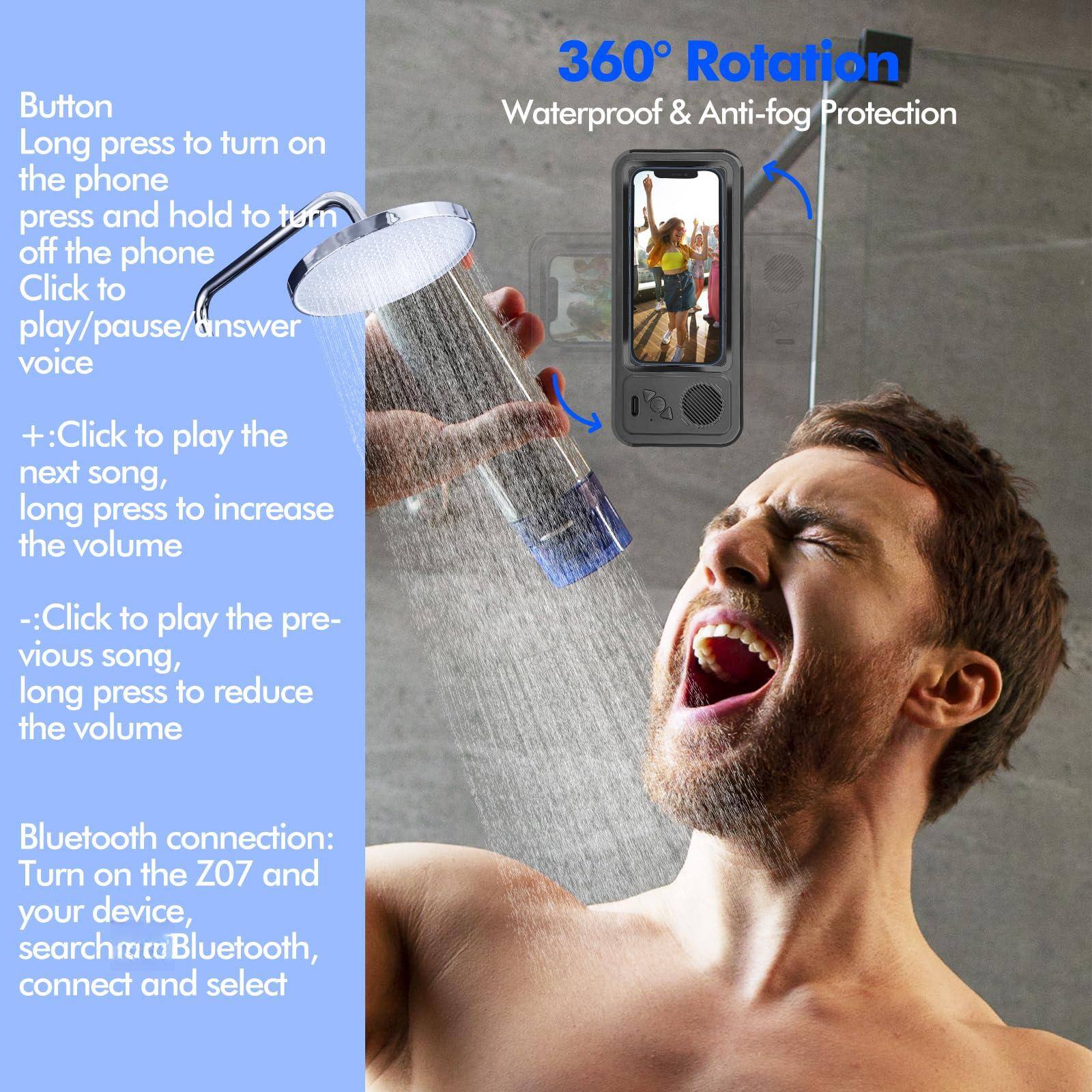 Button  
Long press to turn on the phone  
Press and hold to turn off the phone  
Click to play/pause/answer voice  

+: Click to play the next song, long press to increase the volume  
-: Click to play the previous song, long press to reduce the volume  

Bluetooth connection:  
Turn on the ZO7 and your device, search for Bluetooth, connect and select  

360° Rotation  
Waterproof & Anti-fog Protection
