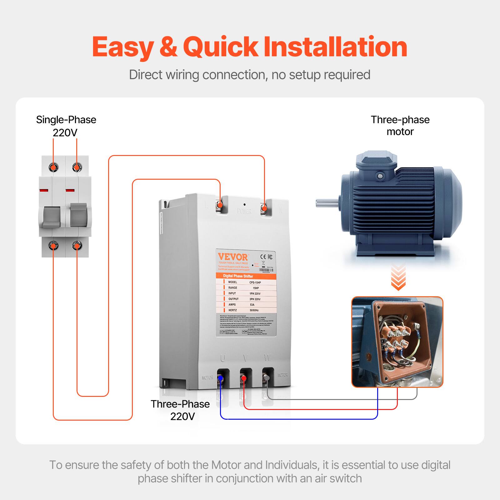 Easy & Quick Installation  
Direct wiring connection, no setup required

Single-Phase 220V  
Three-phase motor

POWER  
VEVOR CERE TOUR DOU  
Sugars formy Contification  
Digital Phase Shifter WOOD. 05/59 RANGE 100  
NPU! OUTPUT  
22019 24 201  
LEPS  
TOTAL

-  
10  
MOTOR  
Three-Phase 220V

To ensure the safety of both the Motor and Individuals, it is essential to use digital phase shifter in conjunction with an air switch