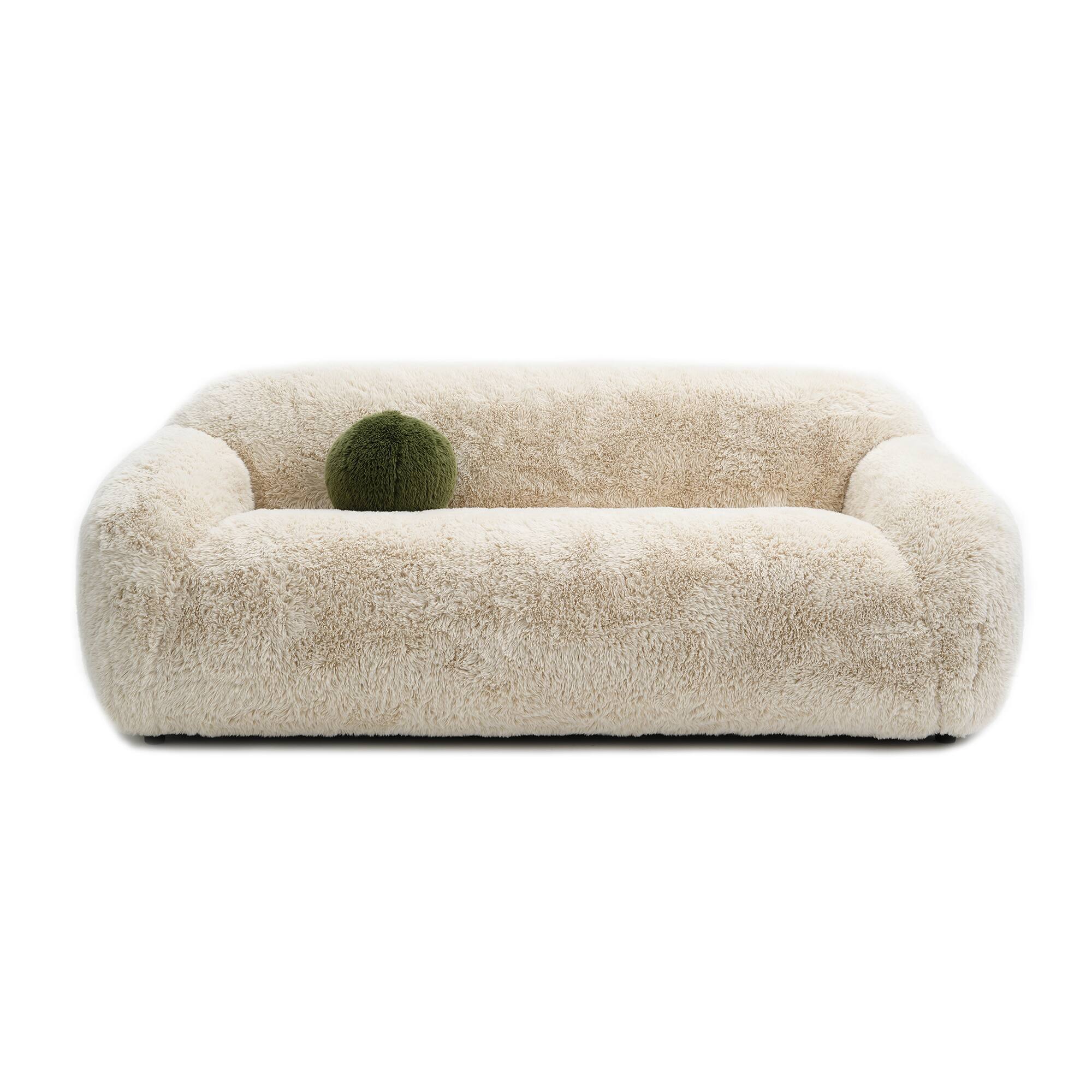 Back. Vaczon - 3-Seater Plush Faux Fur Sofa with Soft Long Pile and Luxurious Comfort for Living Rooms or Apartments - Sand.