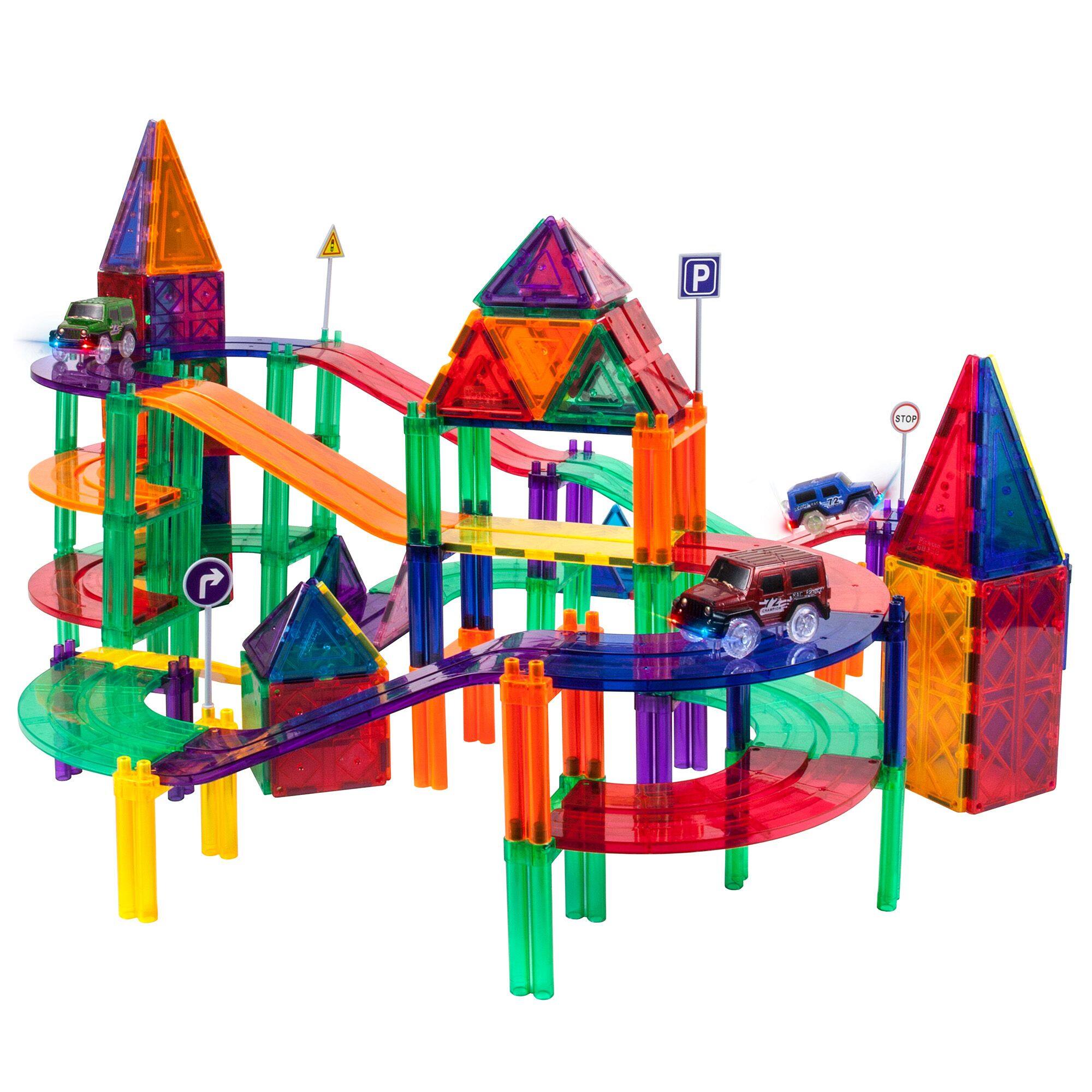 Alt View 3. PicassoTiles - PICASSO-TILES Race Track Magnetic Tiles for Kids, 128PCS with 3 Racing Cars, STEM Building Blocks Educational Toy - Multicolor.