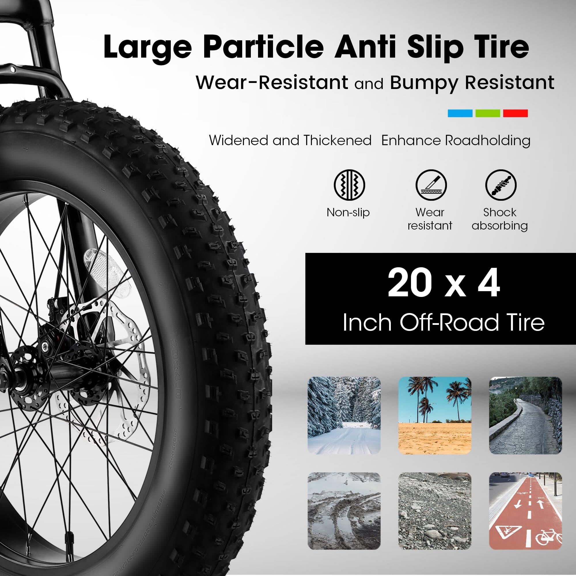 Large Particle Anti Slip Tire  
Wear-Resistant and Bumpy Resistant  

Widened and Thickened Enhance Roadholding  

Non-slip  
Wear resistant  
Shock absorbing  

20 x 4 Inch Off-Road Tire