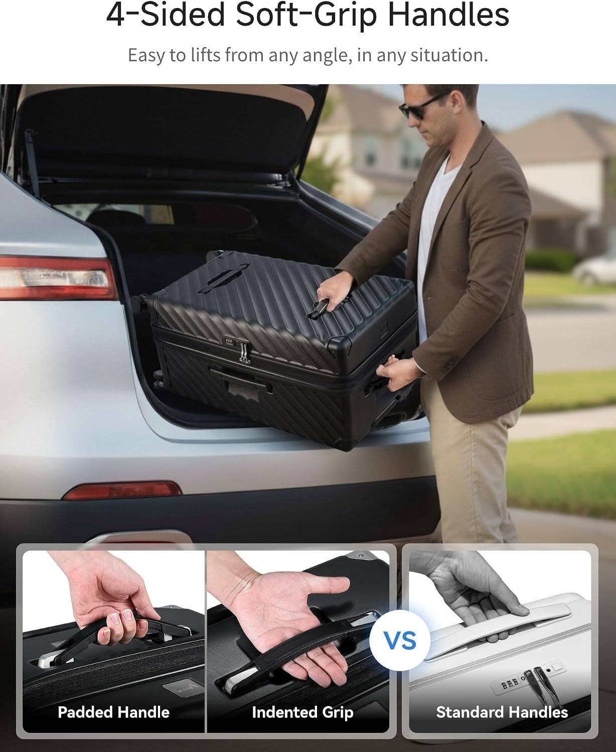 4-Sided Soft-Grip Handles  
Easy to lift from any angle, in any situation.  

VS  

Padded Handle  
Indented Grip  
Standard Handles