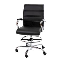 Emma + Oliver - Mid-Back LeatherSoft Drafting Chair with Adjustable Foot Ring and Chrome Base - Black