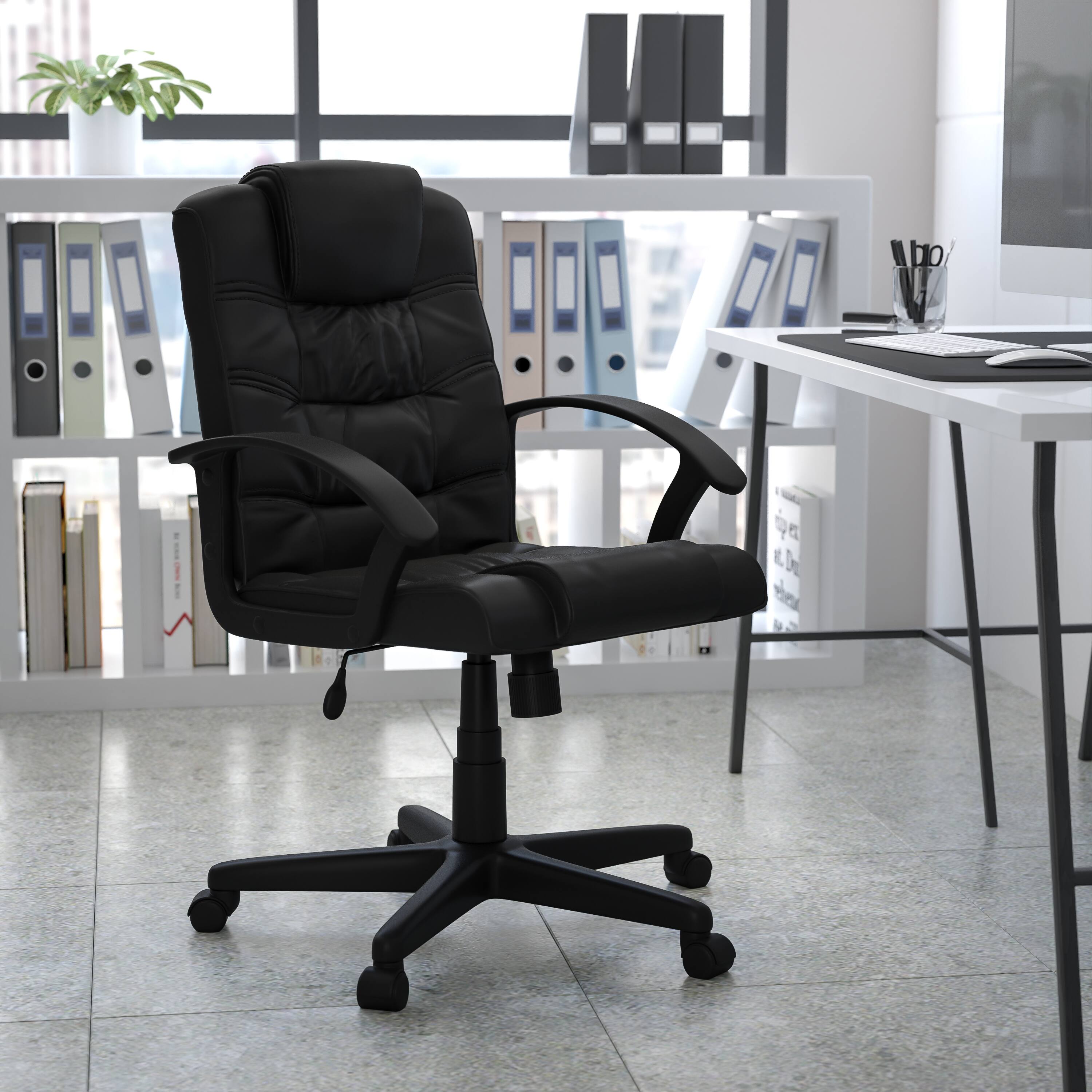 Alt View 1. Emma + Oliver - Mid-Back Leather Ripple and Accent Stitch Upholstered Swivel Task Office Chair with Arms - Black.