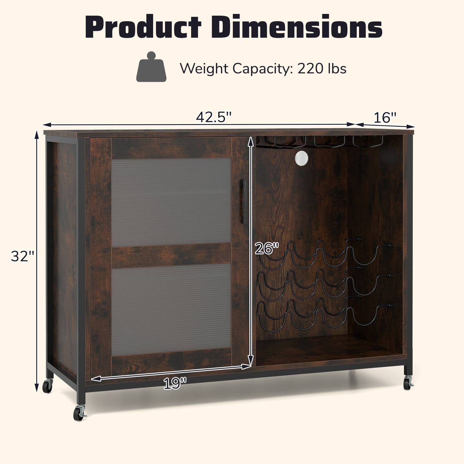 Product Dimensions

Weight Capacity: 220 lbs

- Width: 42.5"
- Depth: 16"
- Height: 32"
- Shelf Depth: 19"
- Shelf Height: 26"