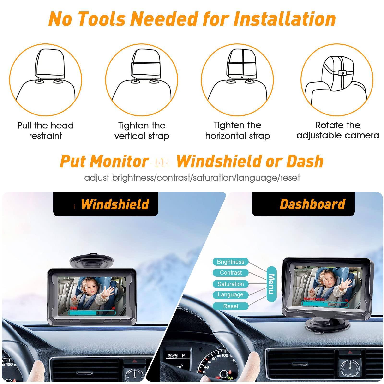 No Tools Needed for Installation

1. Pull the head restraint
2. Tighten the vertical strap
3. Tighten the horizontal strap
4. Rotate the adjustable camera

Put Monitor on Windshield or Dash

- Windshield
- Dashboard

adjust brightness/contrast/saturation/language/reset

Menu
- Brightness
- Contrast
- Saturation
- Language
- Reset