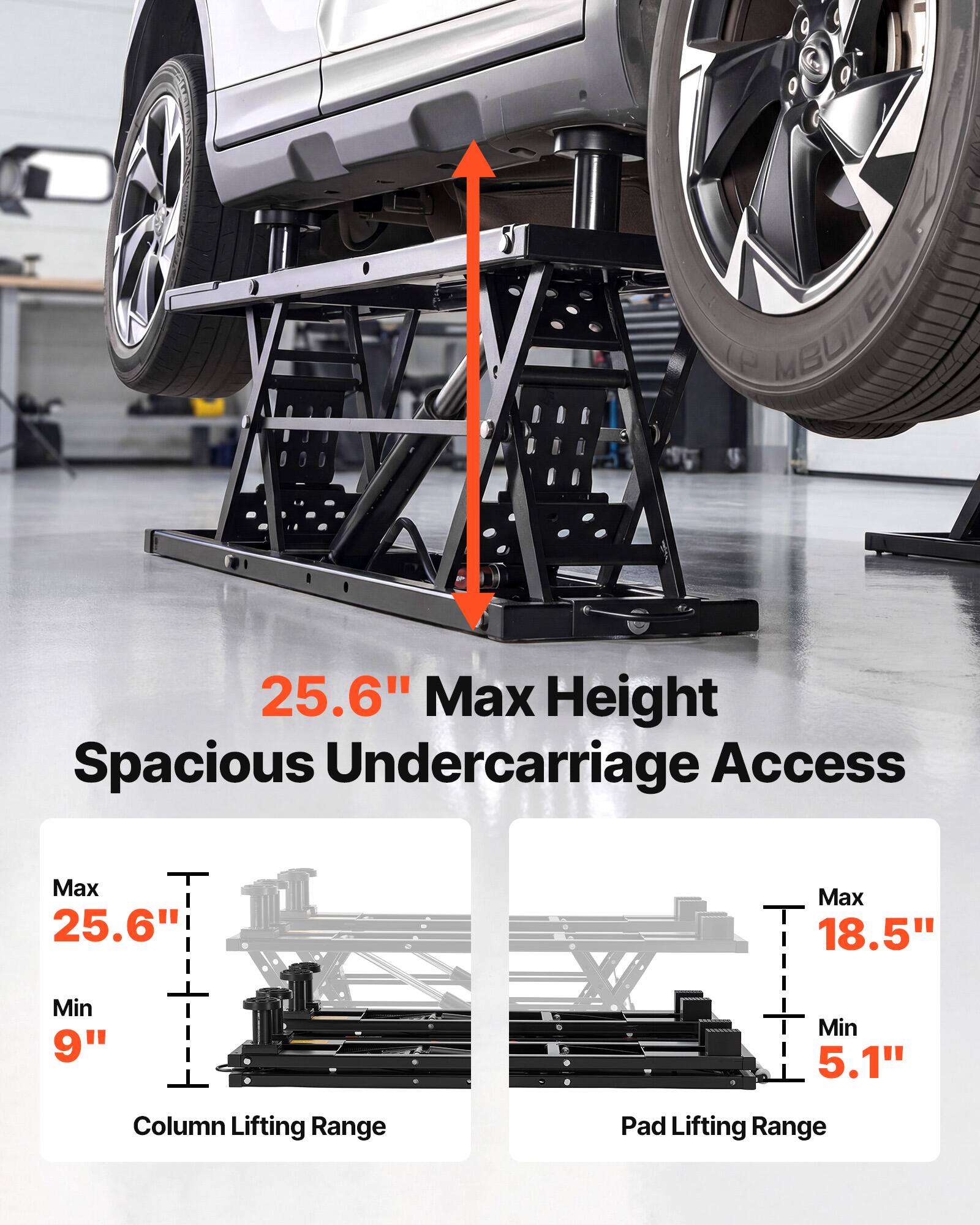 EL (F MBUI 25.6" Max Height Spacious Undercarriage Access  
Max 25.6"  
Min 9"  
Column Lifting Range  
Max 18.5"  
Min 5.1"  
Pad Lifting Range