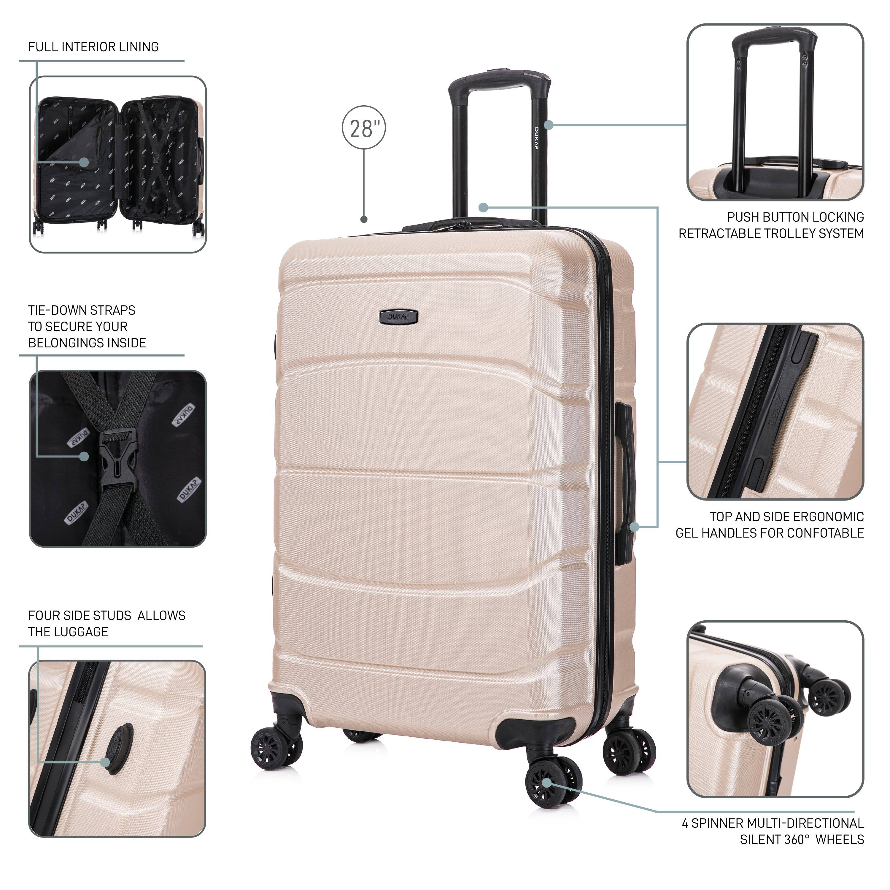 - FULL INTERIOR LINING
- 28" (height)
- PUSH BUTTON LOCKING RETRACTABLE TROLLEY SYSTEM
- TIE-DOWN STRAPS TO SECURE YOUR BELONGINGS INSIDE
- FOUR SIDE STUDS ALLOWS THE LUGGAGE
- TOP AND SIDE ERGONOMIC GEL HANDLES FOR COMFORTABLE
- 4 SPINNER MULTI-DIRECTIONAL SILENT 360° WHEELS