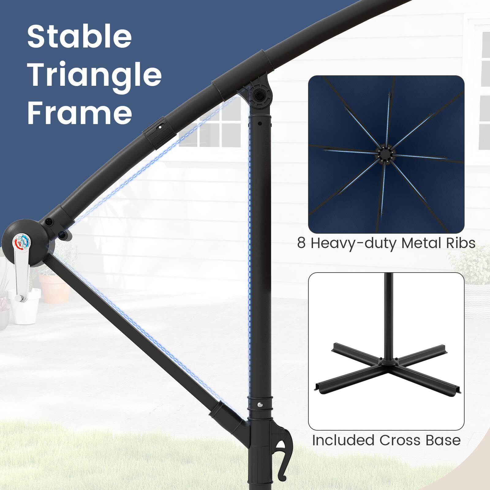Stable Triangle Frame, 8 Heavy-duty Metal Ribs, Included Cross Base