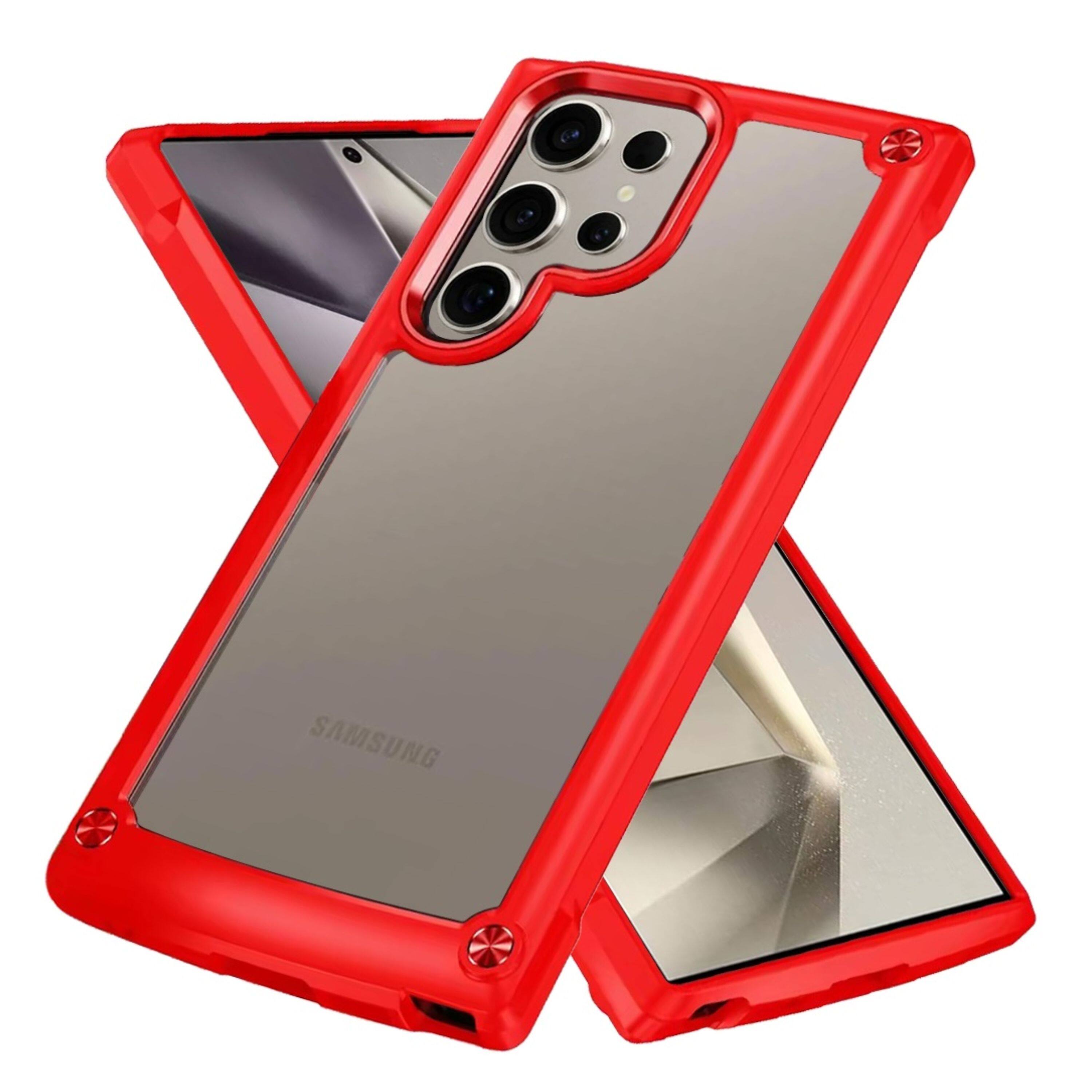 Angle. Kitcheniva - Hybrid Phone Case With Raised Bezel Metal Buttons Tempered Glass For Samsung Galaxy S25 Ultra Red - Red.