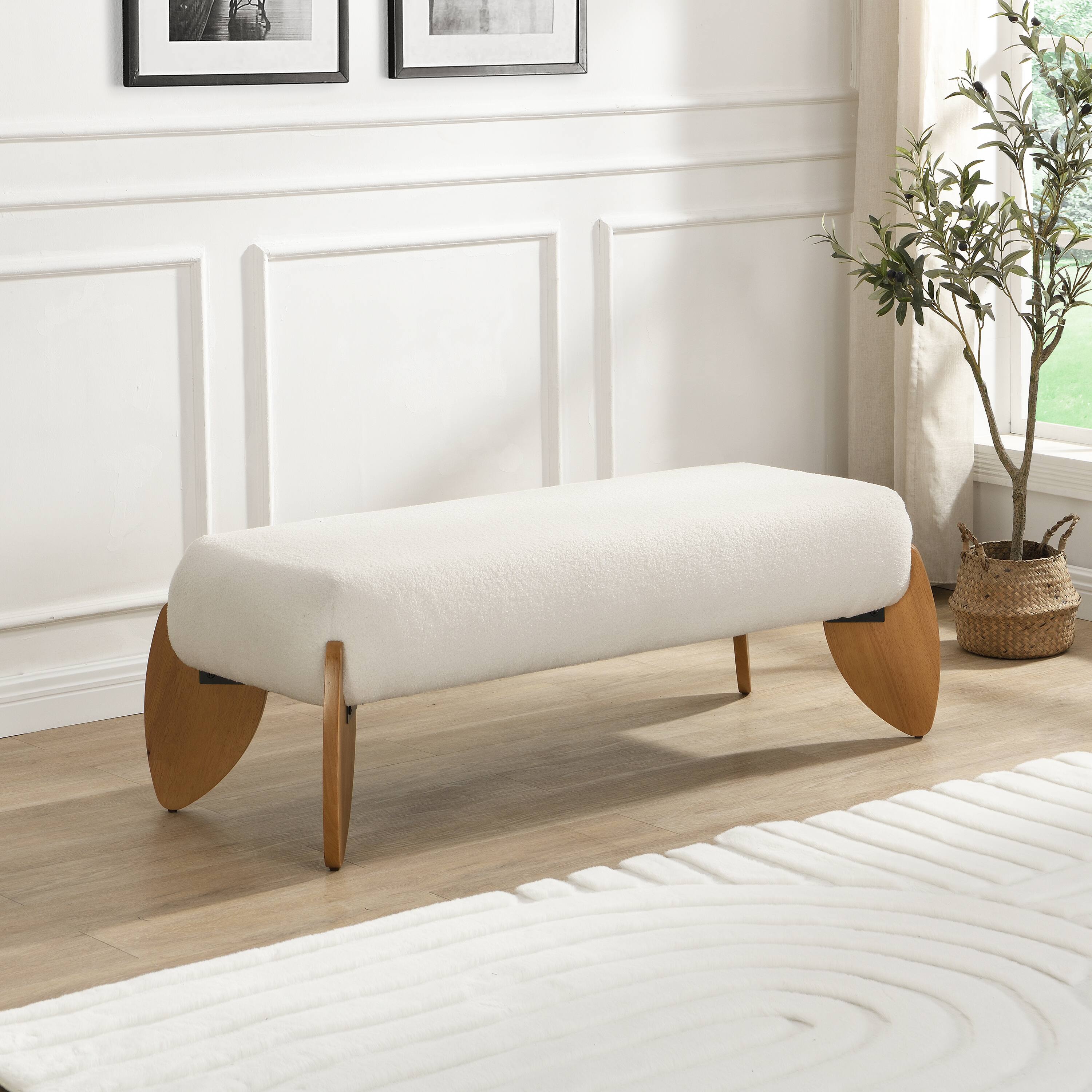 Angle. Aukfa - Long  Bouclé Ottoman with Wood Feet, 250LBS Capacity, Soft Textured Upholstery for Living Room and Bedroom - White.