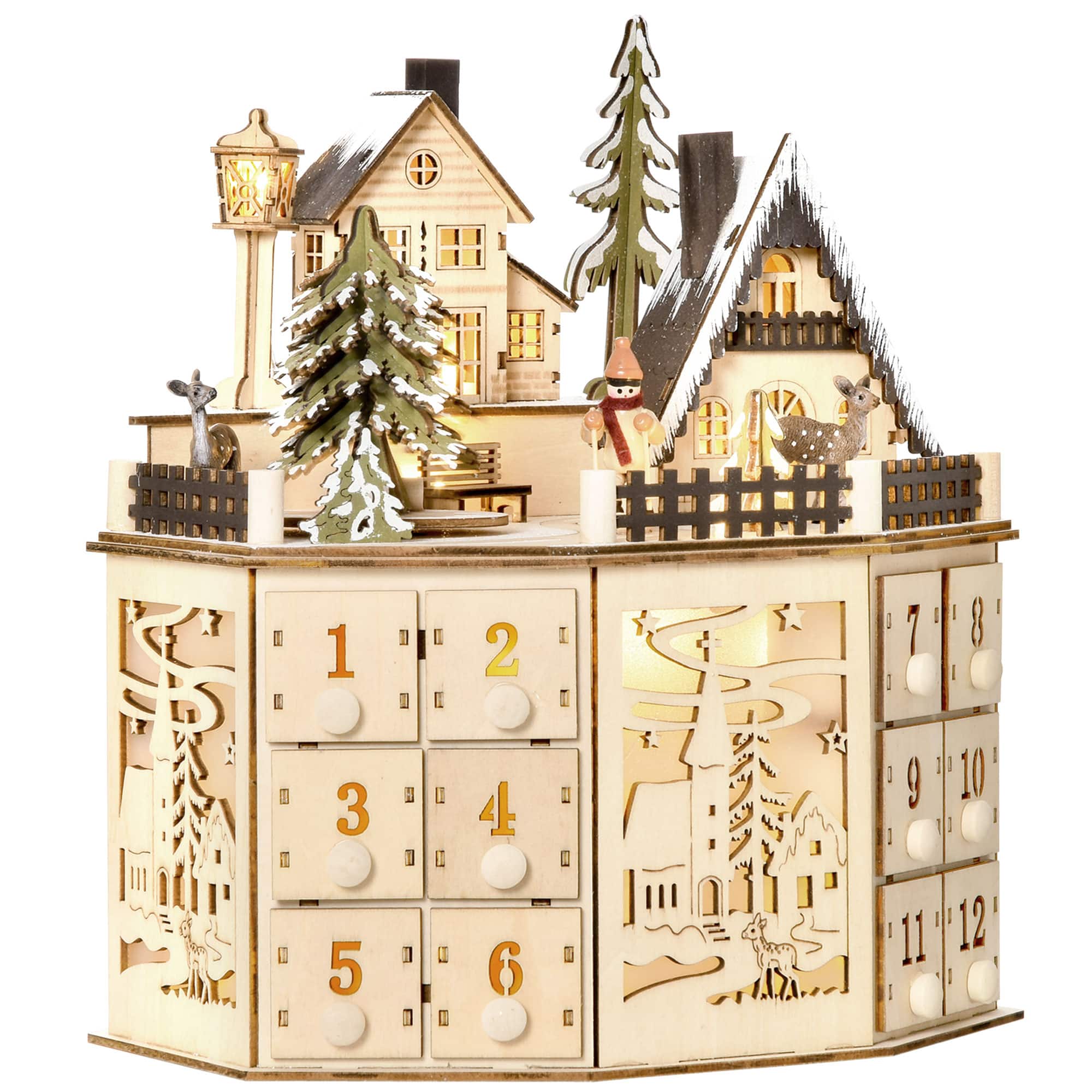 Homcom - Christmas Advent Calendar, Light Up Table Wooden Decor w/ Countdown Drawers & Village - Natural Wood
