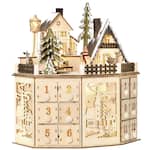Homcom - Christmas Advent Calendar, Light Up Table Wooden Decor w/ Countdown Drawers & Village - Natural Wood
