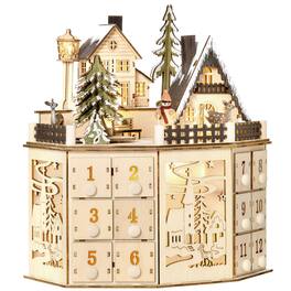 Homcom - Christmas Advent Calendar, Light Up Table Wooden Decor w/ Countdown Drawers & Village - Natural Wood