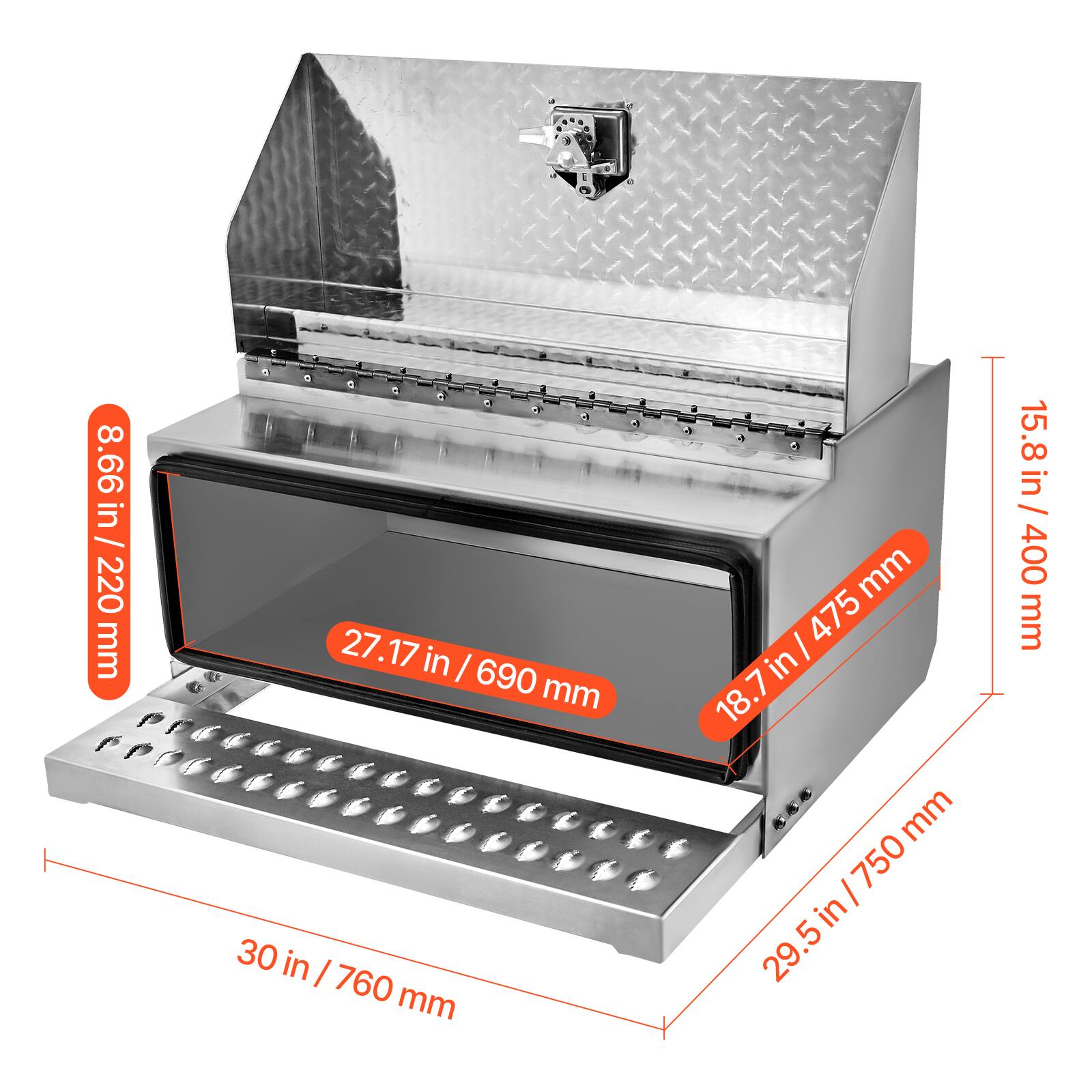 8.66 in / 220 mm  
27.17 in / 690 mm  
30 in / 760 mm  
18.7 in / 475 mm  
29.5 in / 750 mm  
15.8 in / 400 mm