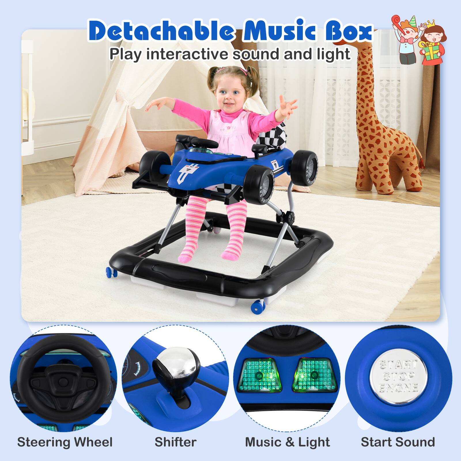 Detachable Music Box  
Play interactive sound and light  

Steering Wheel  
Shifter  
Music & Light  
Start Sound