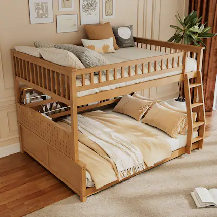 Front. Anysun - Full XL over Queen Bunk Bed with Integrated Shelving, Color-Changing Lights and Pegboard - Brown.