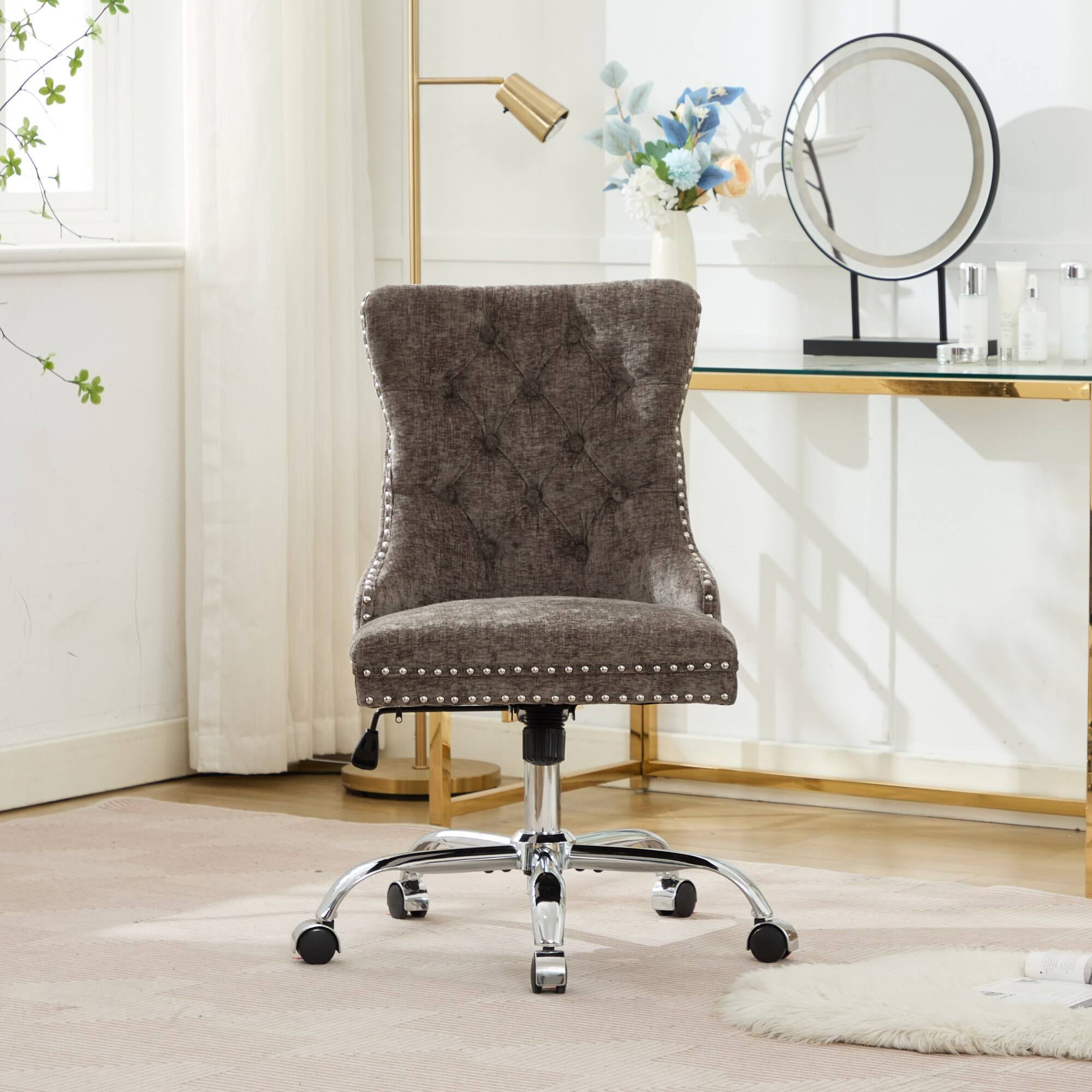 PexFix - Modern Office Chair, Tufted Chenille Upholstery, Adjustable Height & Swivel with Chrome Base, for Home Office - Gray