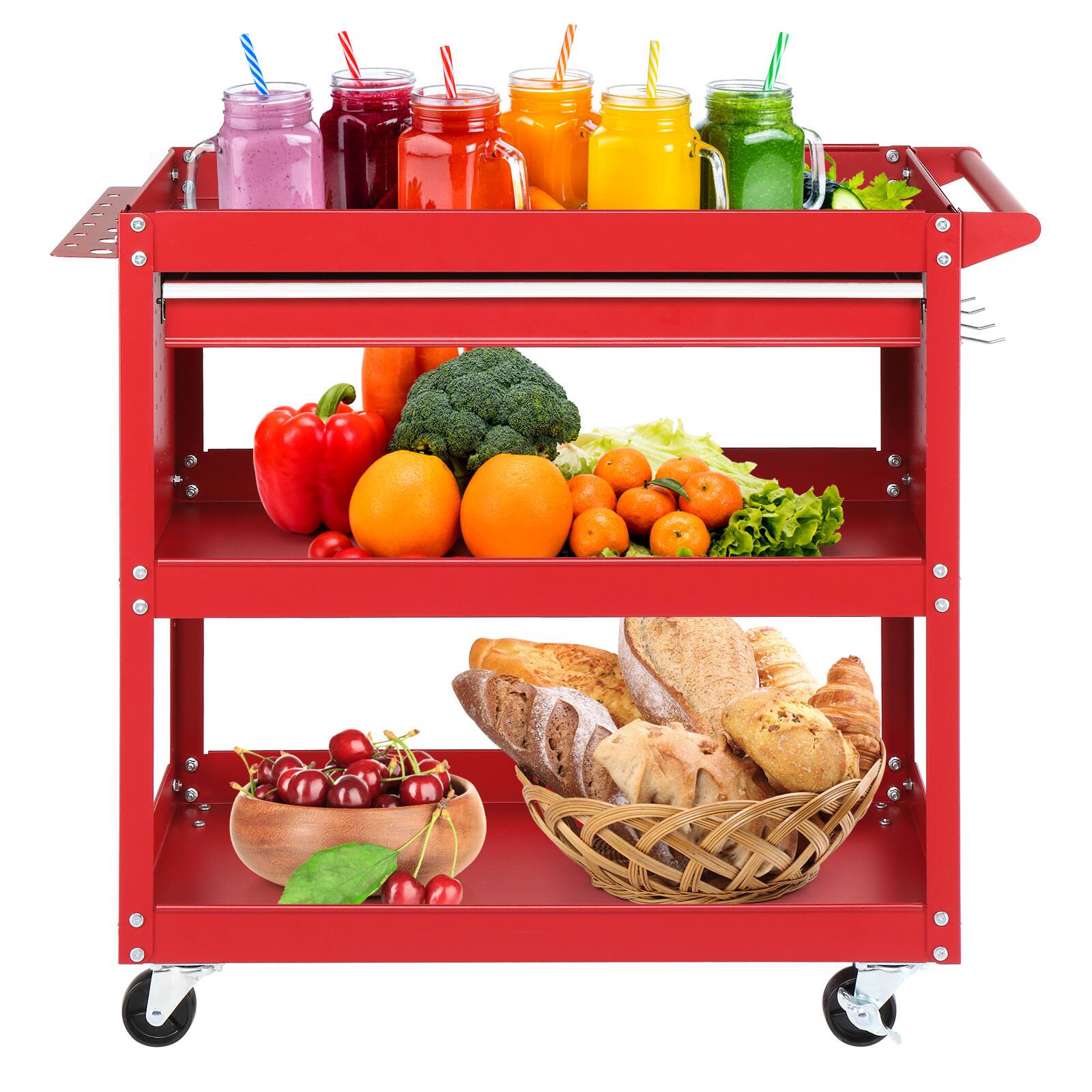 Angle. Winado - 3 Tier Rolling Tool Cart Heavy Duty with Locking Wheels & Pegboard Sides &  Drawer & 4 Hooks for Garage and Workshop New - Red.