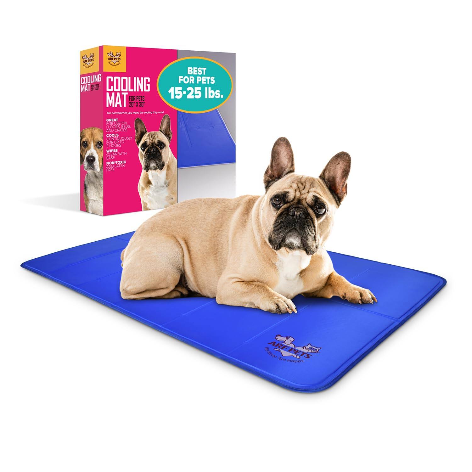 BEST COOLING MAT FOR PETS 15-25 lbs.  
20" X 30"  
GREAT ON FLOORS, CRATES, AND CRATES  
COOLS FOR UP TO 10 HOURS  
WIPES CLEAN WITH EASE  
NON-TOXIC AND LATER FREE