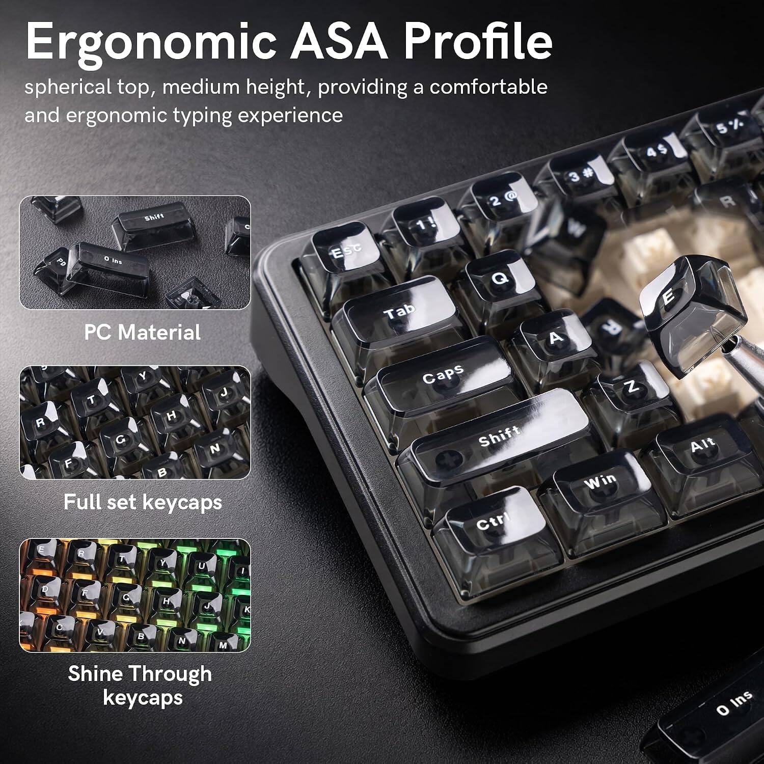 Ergonomic ASA Profile spherical top, medium height, providing a comfortable and ergonomic typing experience

PC Material

Full set keycaps

Shine Through keycaps