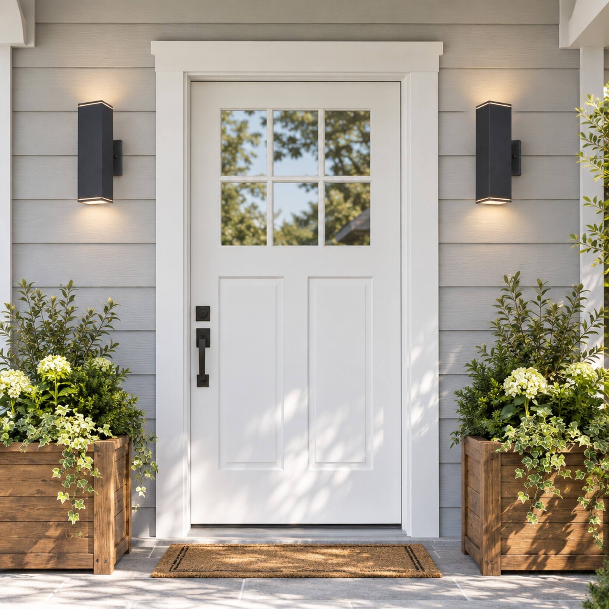 Back. RYHNUYNE - 12 In Outdoor Wall Lights 2 Pack, Modern Square Up Down Waterproof Aluminum Porch Light Fixture - Black.