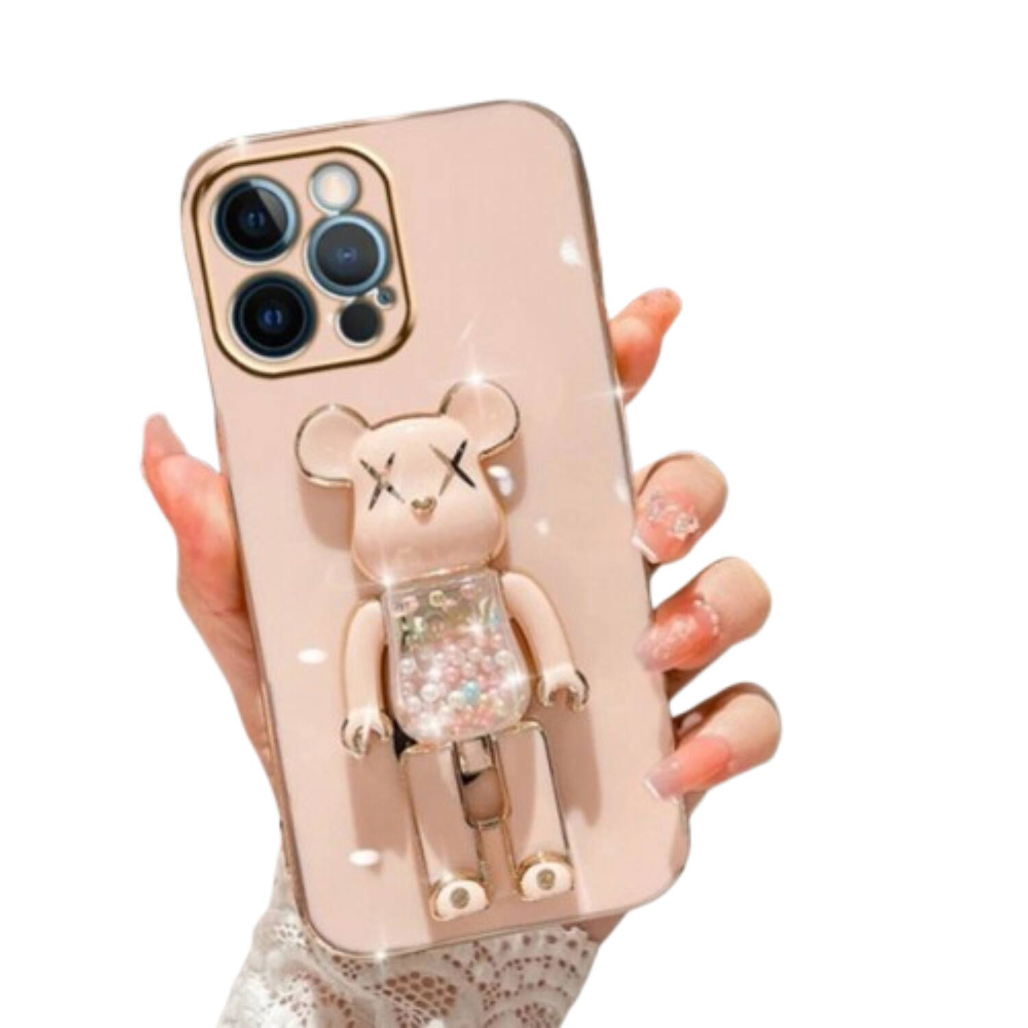 Stock Preferred - iPhone 14 Cute Candy Bear Stand Shockproof Case – TPU Protective Cover - Pink