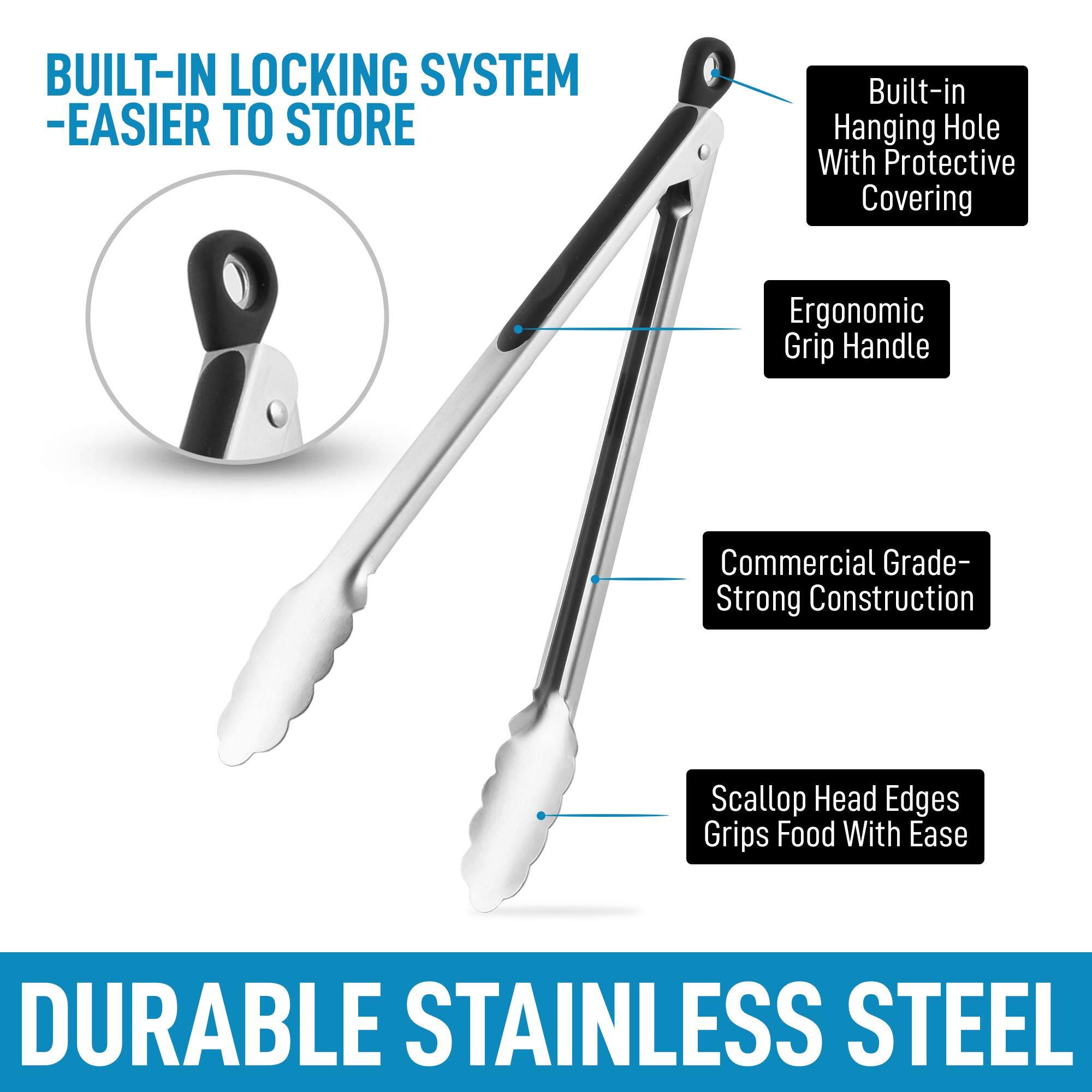 BUILT-IN LOCKING SYSTEM - EASIER TO STORE  
Built-in Hanging Hole With Protective Covering  
Ergonomic Grip Handle  
Commercial Grade - Strong Construction  
Scallop Head Edges Grips Food With Ease  
DURABLE STAINLESS STEEL