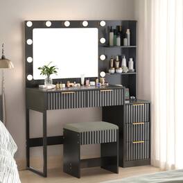 Winado - Fluted Vanity Desk with Lights & Power Outlet Drawer Makeup Dressing Table with 3 Color Mirror & Side Storage Shelves - Black