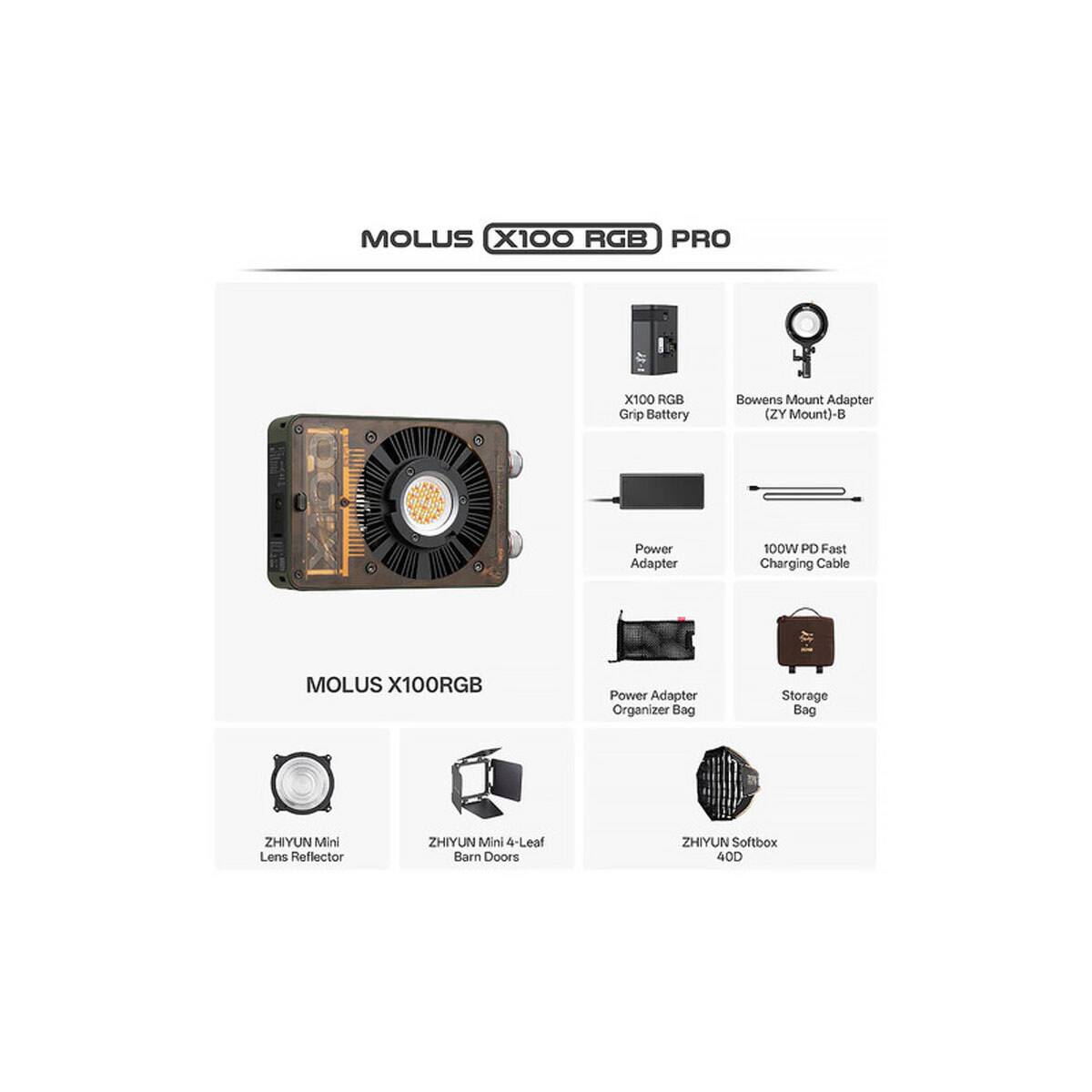 MOLUS X100 RGB PRO

- X100 RGB Grip Battery
- Bowens Mount Adapter (ZY Mount)-B
- Power Adapter
- 100W PD Fast Charging Cable
- Power Adapter Organizer Bag
- Storage Bag
- ZHIYUN Mini Lens Reflector
- ZHIYUN Mini 4-Leaf Barn Doors
- ZHIYUN Softbox 400