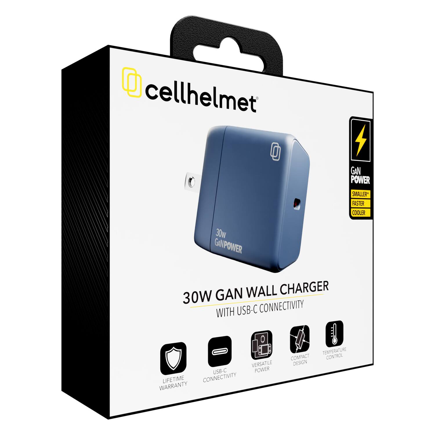 cellhelmet  
30W GAN WALL CHARGER  
WITH USB-C CONNECTIVITY  

- GAN POWER  
  SMALLER  
  FASTER  
  COOLER  

- LIFETIME WARRANTY  
- USB-C CONNECTIVITY  
- VERSATILE DESIGN  
- COMPACT  
- TEMPERATURE CONTROL