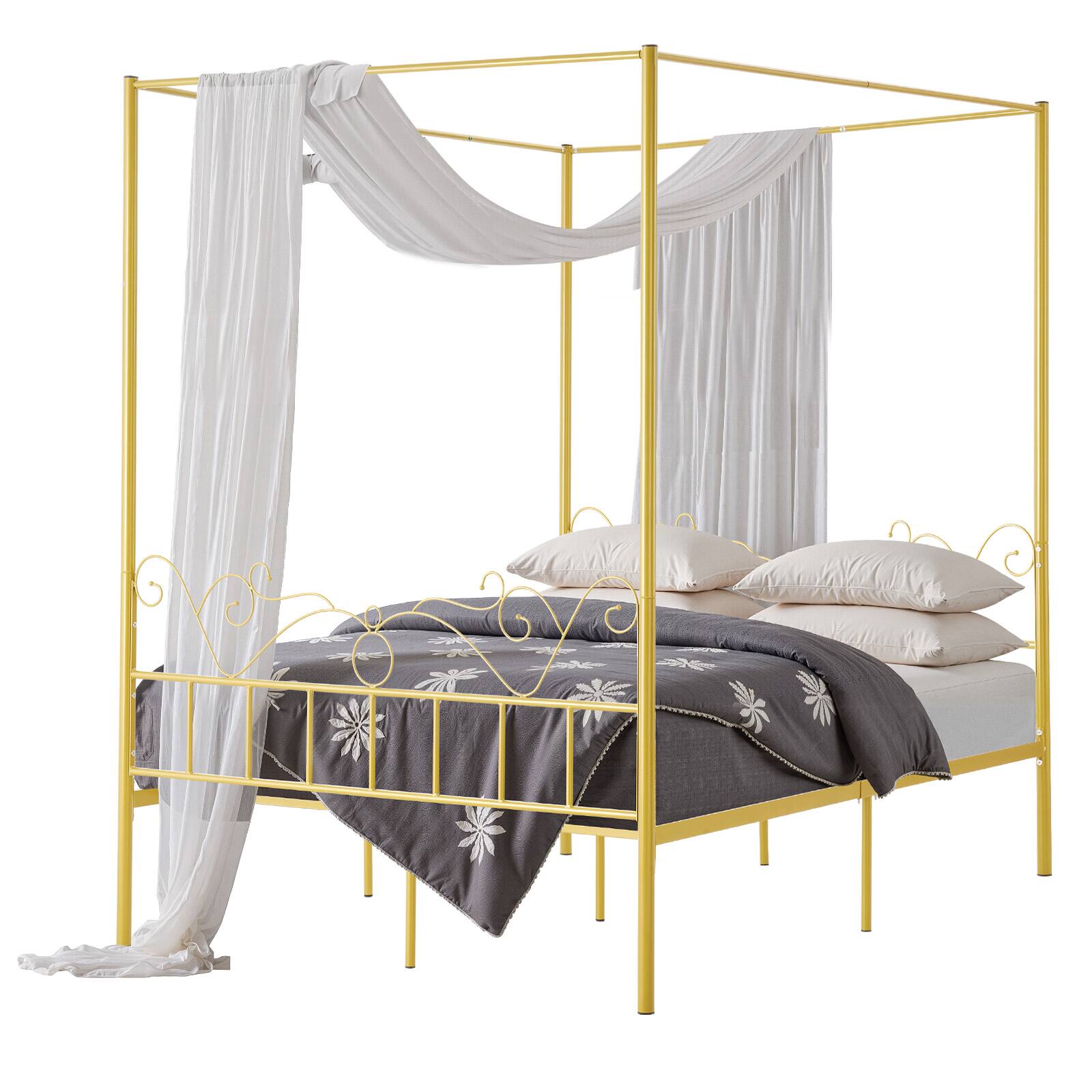 VEVOR - Queen Size Canopy Bed Frame, Metal Canopy Bed with Minimalist Headboard & Four Posters Design - Gold